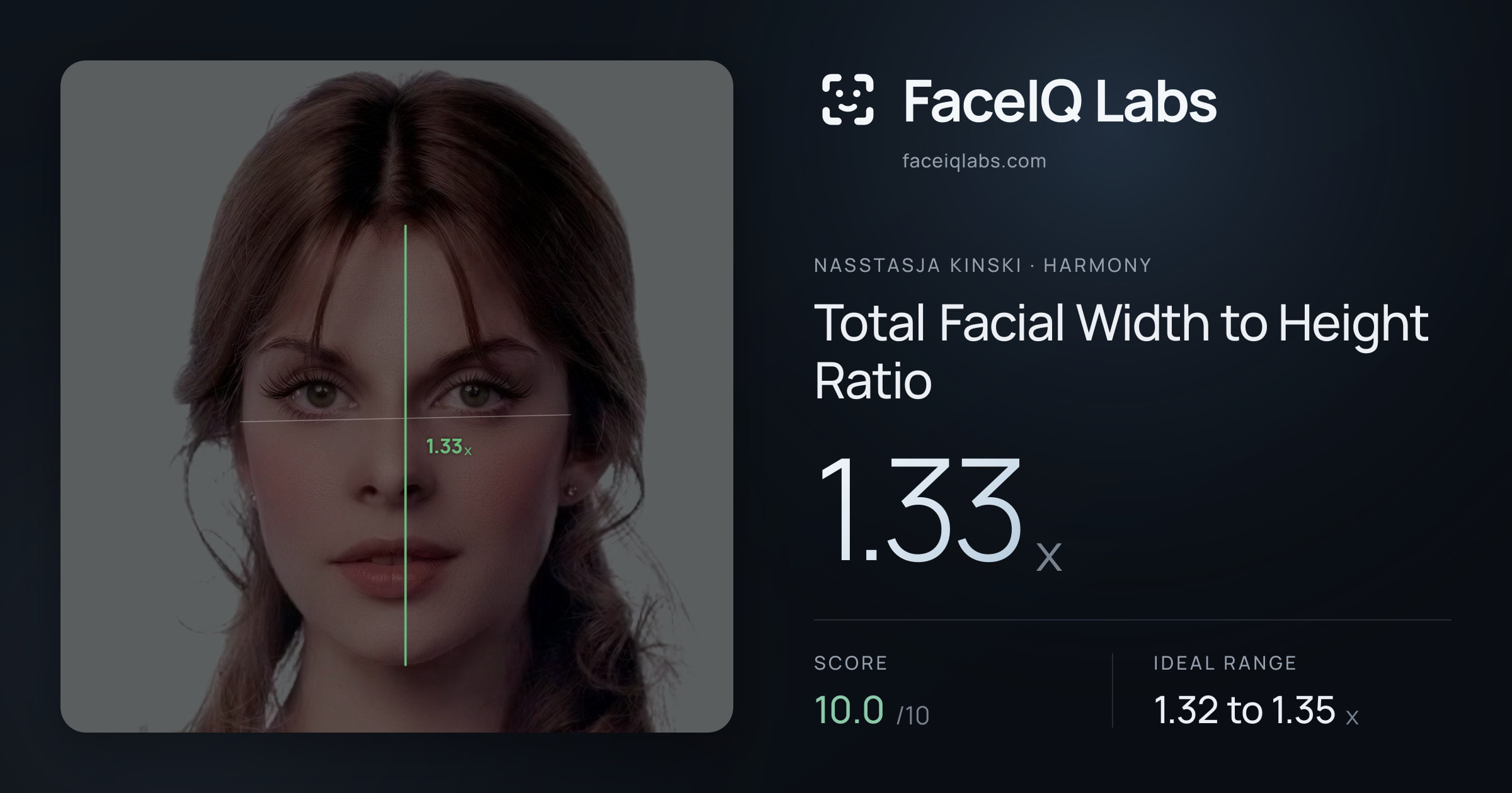 Nasstasja Kinski Total Facial Width to Height Ratio: 1.33x, drawn on the photo