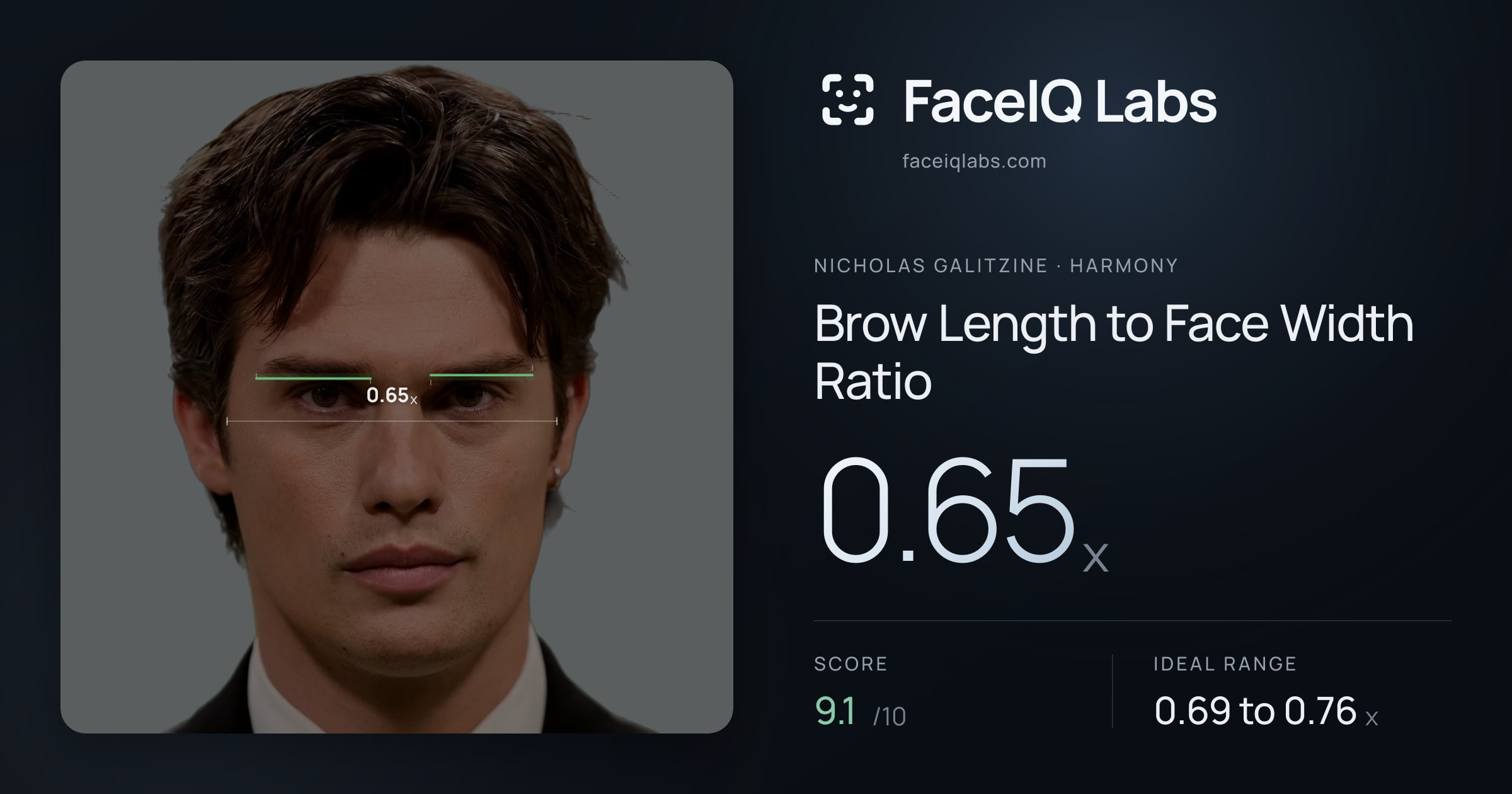 Nicholas Galitzine Brow Length to Face Width Ratio: 0.65x, drawn on the photo