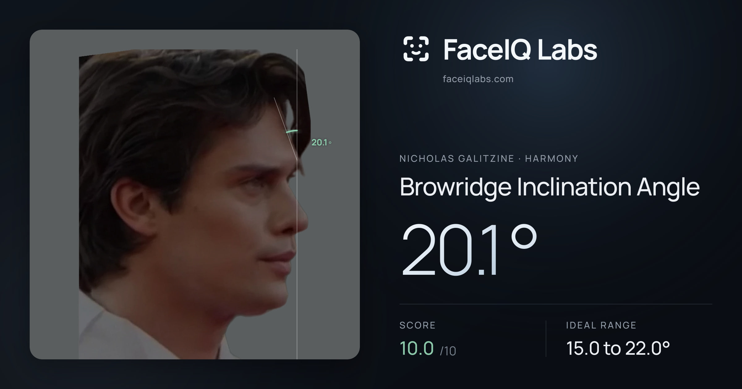 Nicholas Galitzine Browridge Inclination Angle: 20.1°, drawn on the photo
