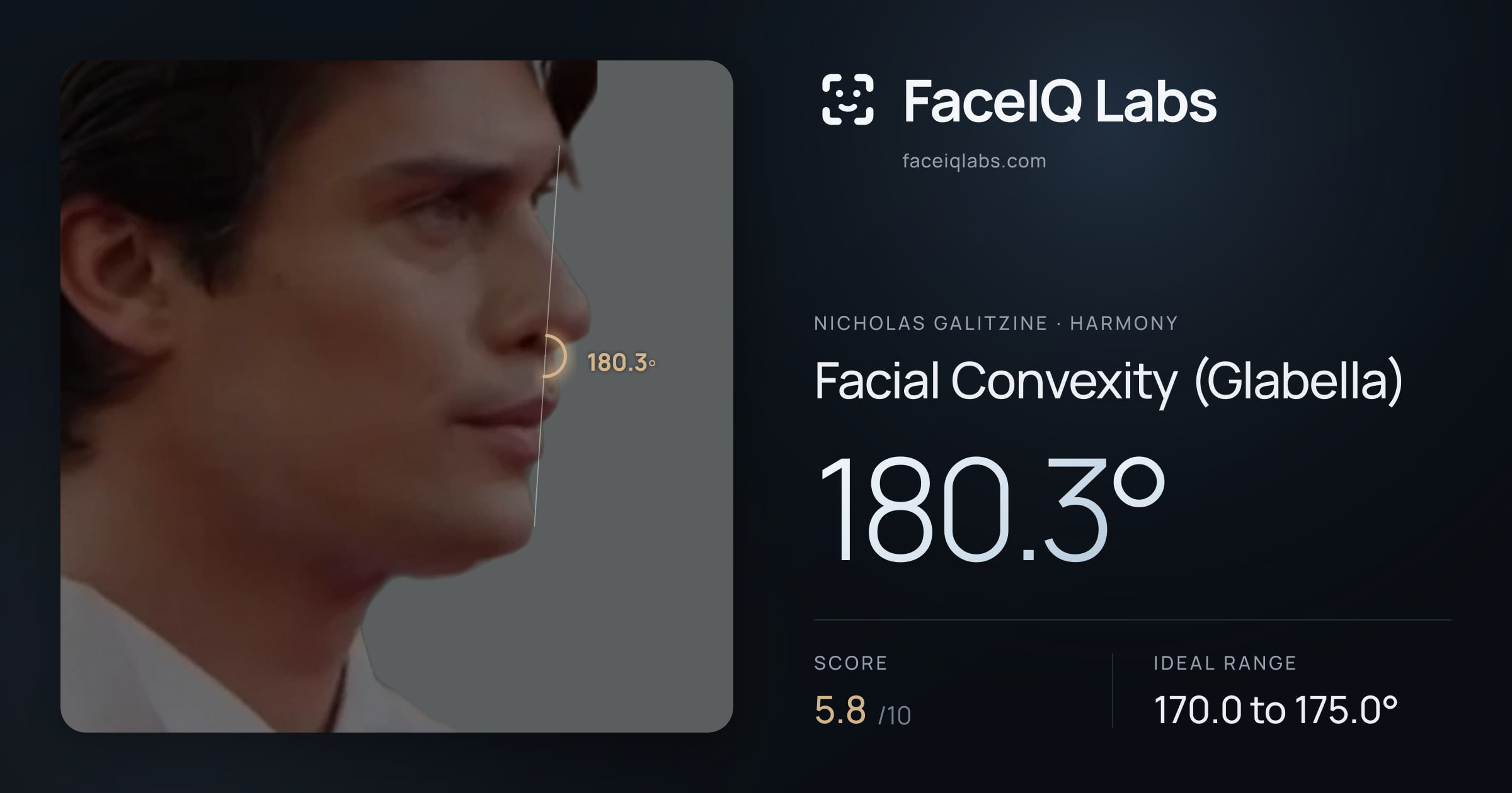 Nicholas Galitzine Facial Convexity (Glabella): 180.3°, drawn on the photo