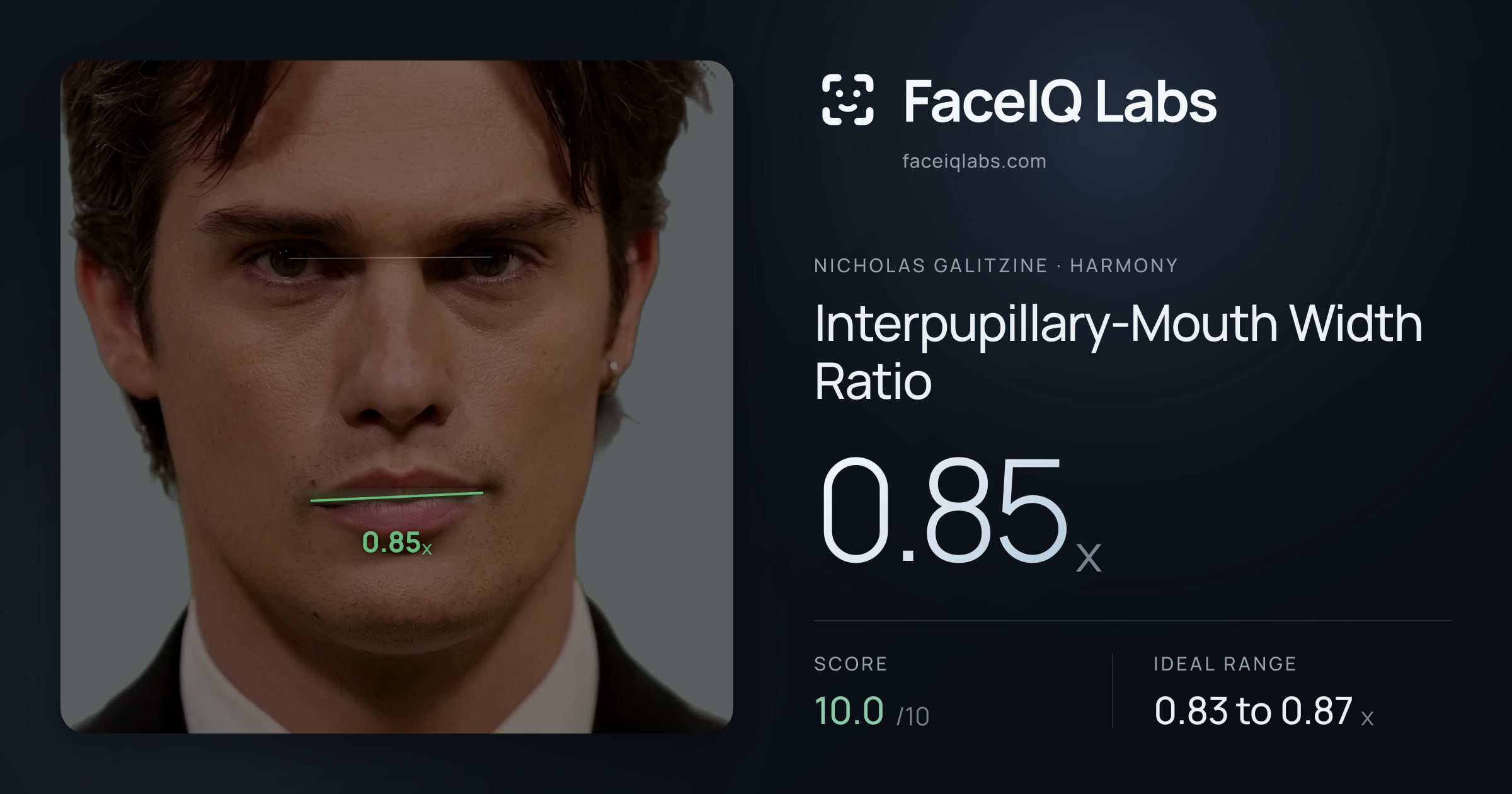 Nicholas Galitzine Interpupillary-Mouth Width Ratio: 0.85x, drawn on the photo