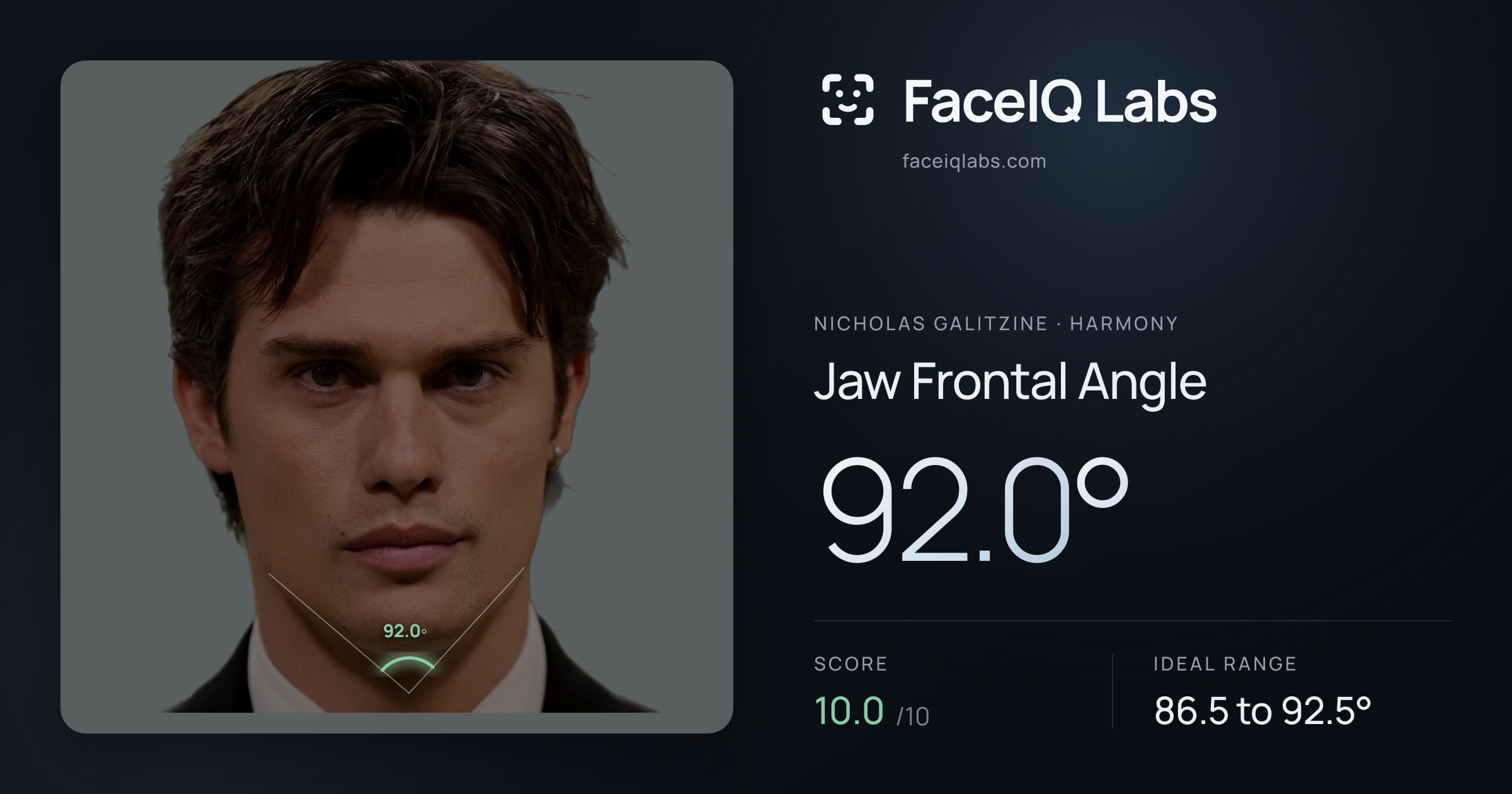 Nicholas Galitzine Jaw Frontal Angle: 92.0°, drawn on the photo