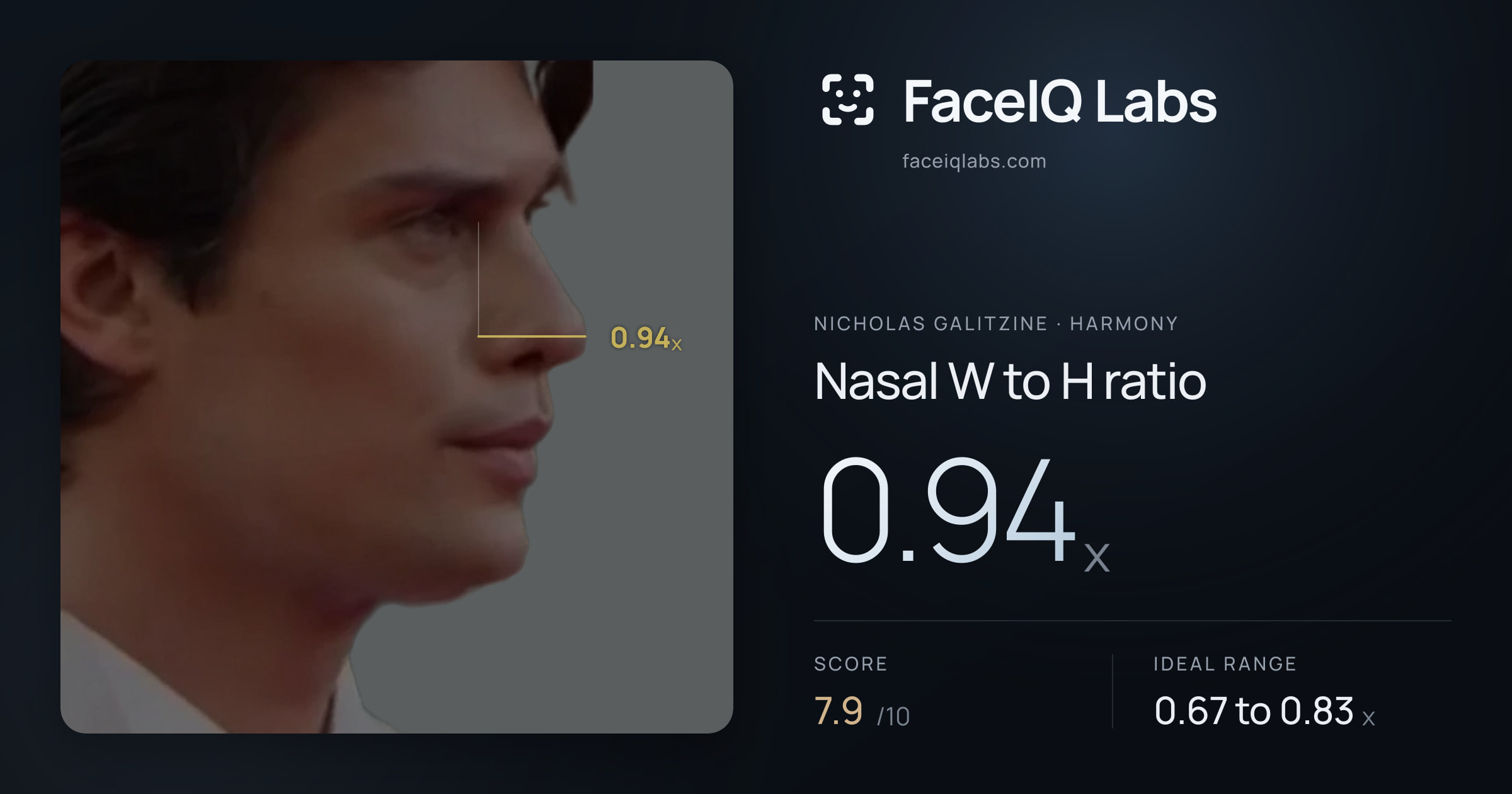 Nicholas Galitzine Nasal W to H ratio: 0.94x, drawn on the photo