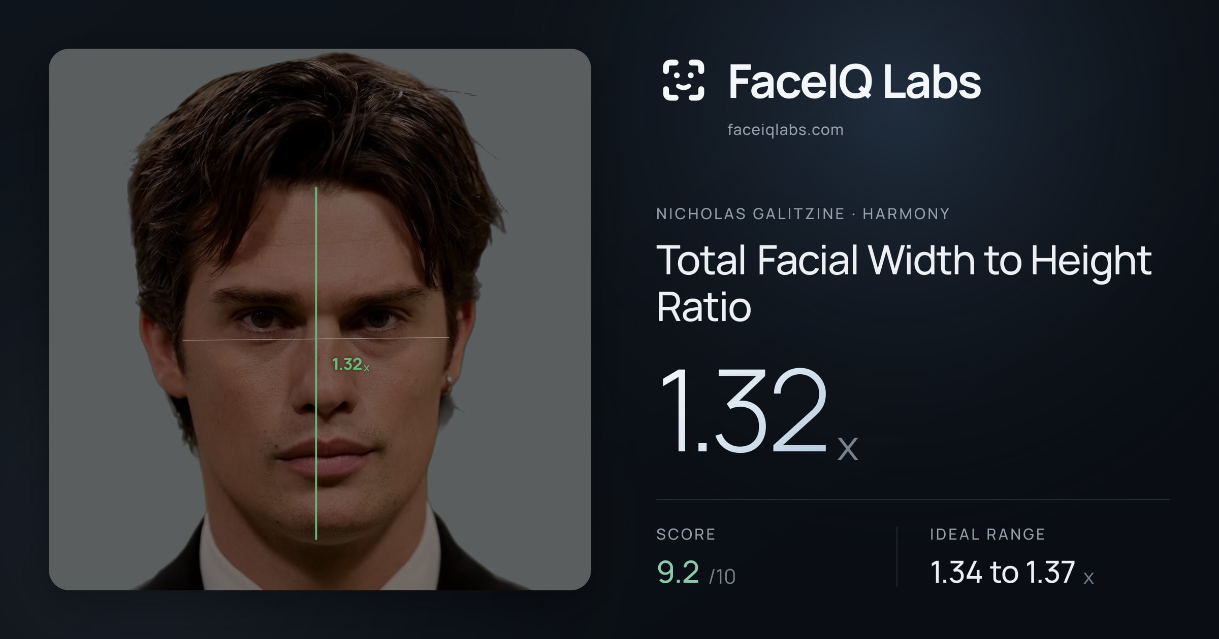 Nicholas Galitzine Total Facial Width to Height Ratio: 1.32x, drawn on the photo