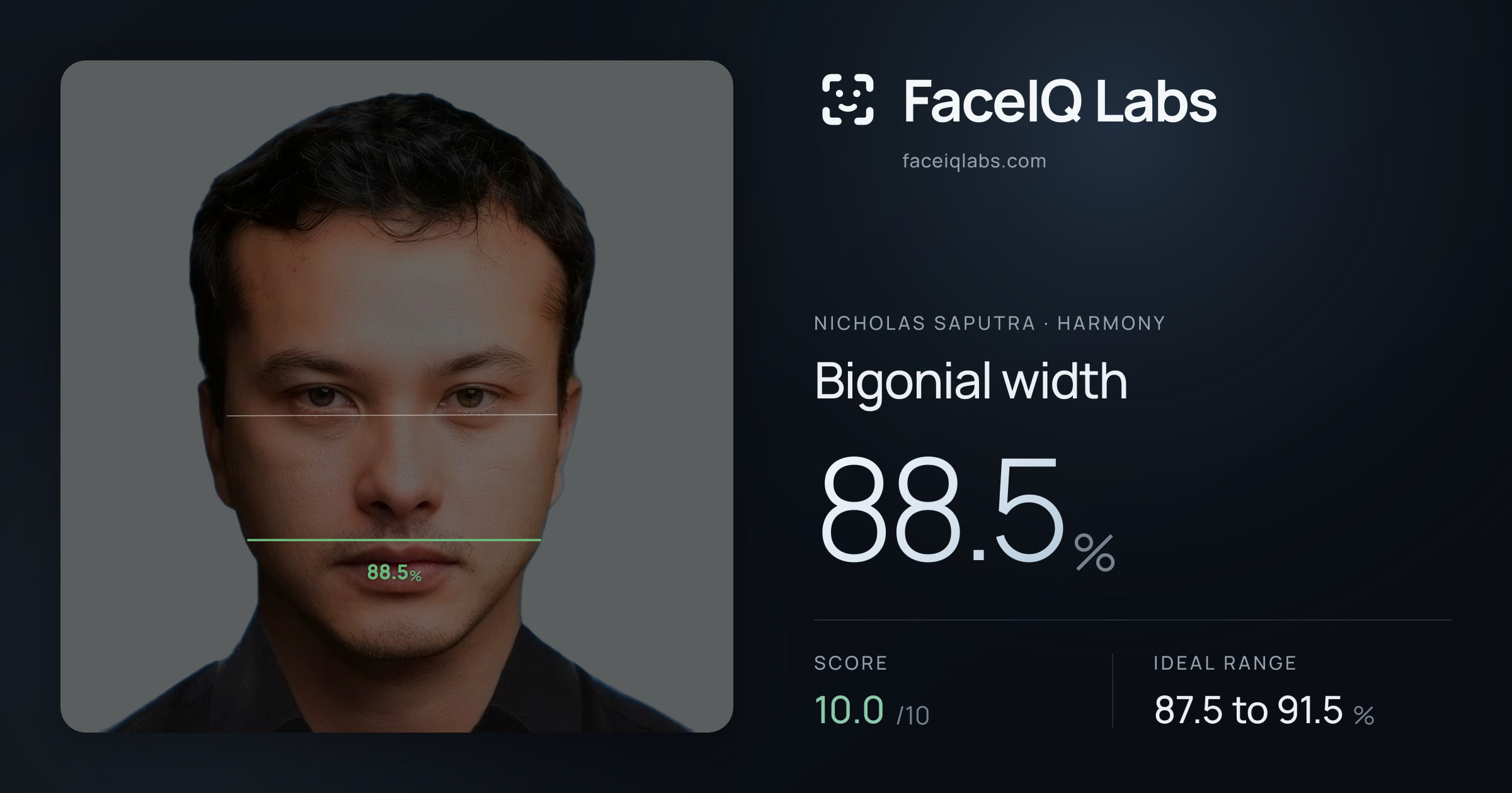 Nicholas Saputra Bigonial width: 88.5%, drawn on the photo