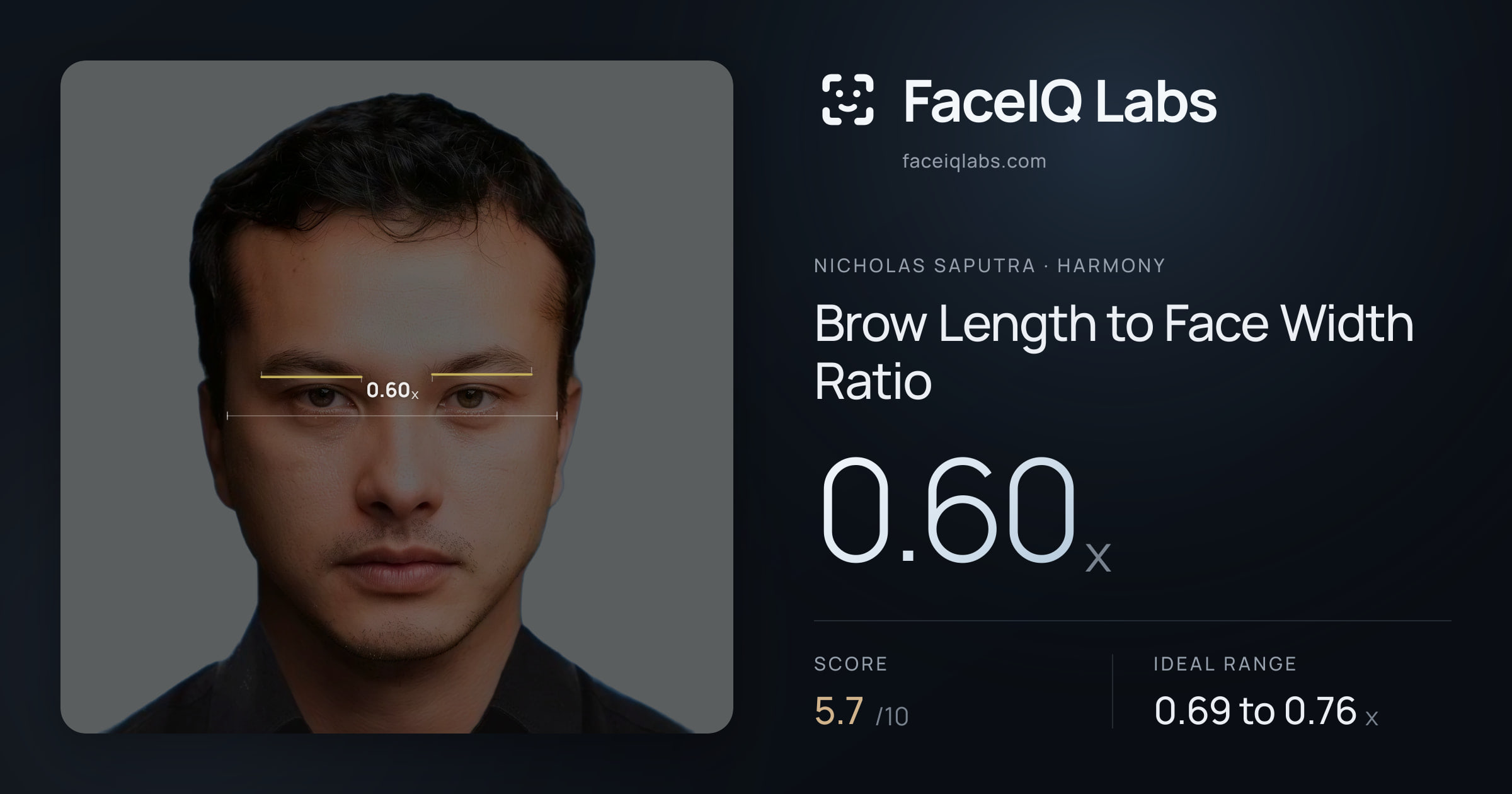 Nicholas Saputra Brow Length to Face Width Ratio: 0.60x, drawn on the photo