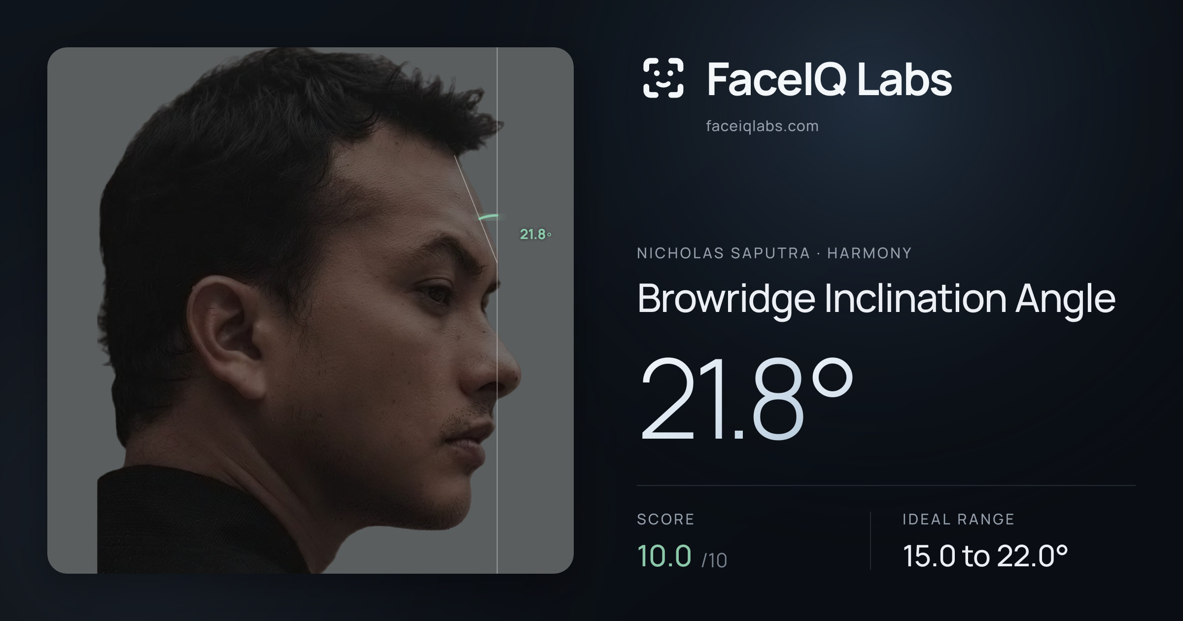 Nicholas Saputra Browridge Inclination Angle: 21.8°, drawn on the photo