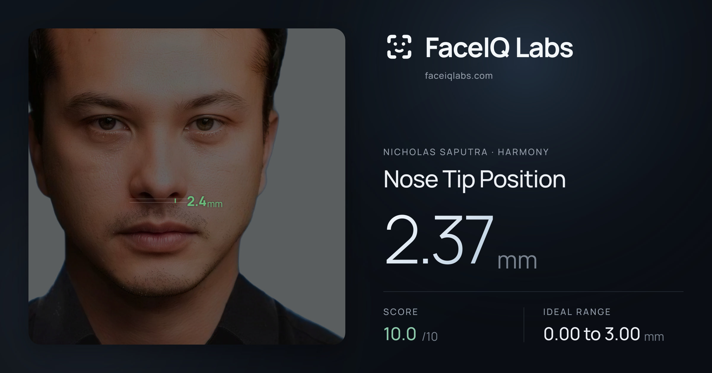 Nicholas Saputra Nose Tip Position: 2.37mm, drawn on the photo