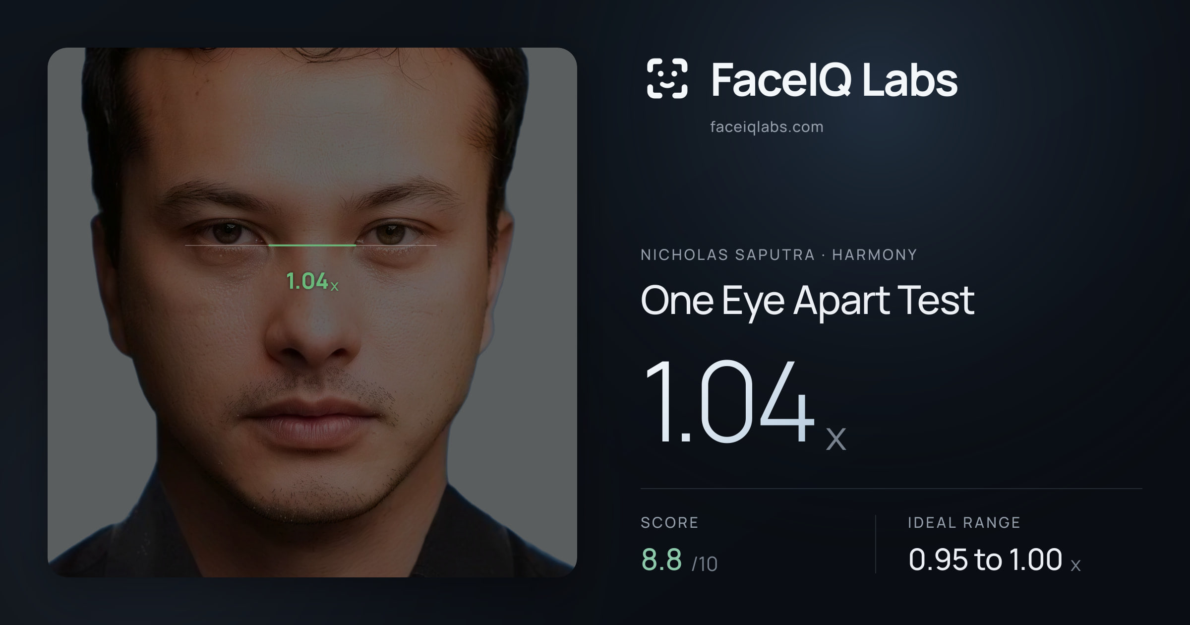 Nicholas Saputra One Eye Apart Test: 1.04x, drawn on the photo