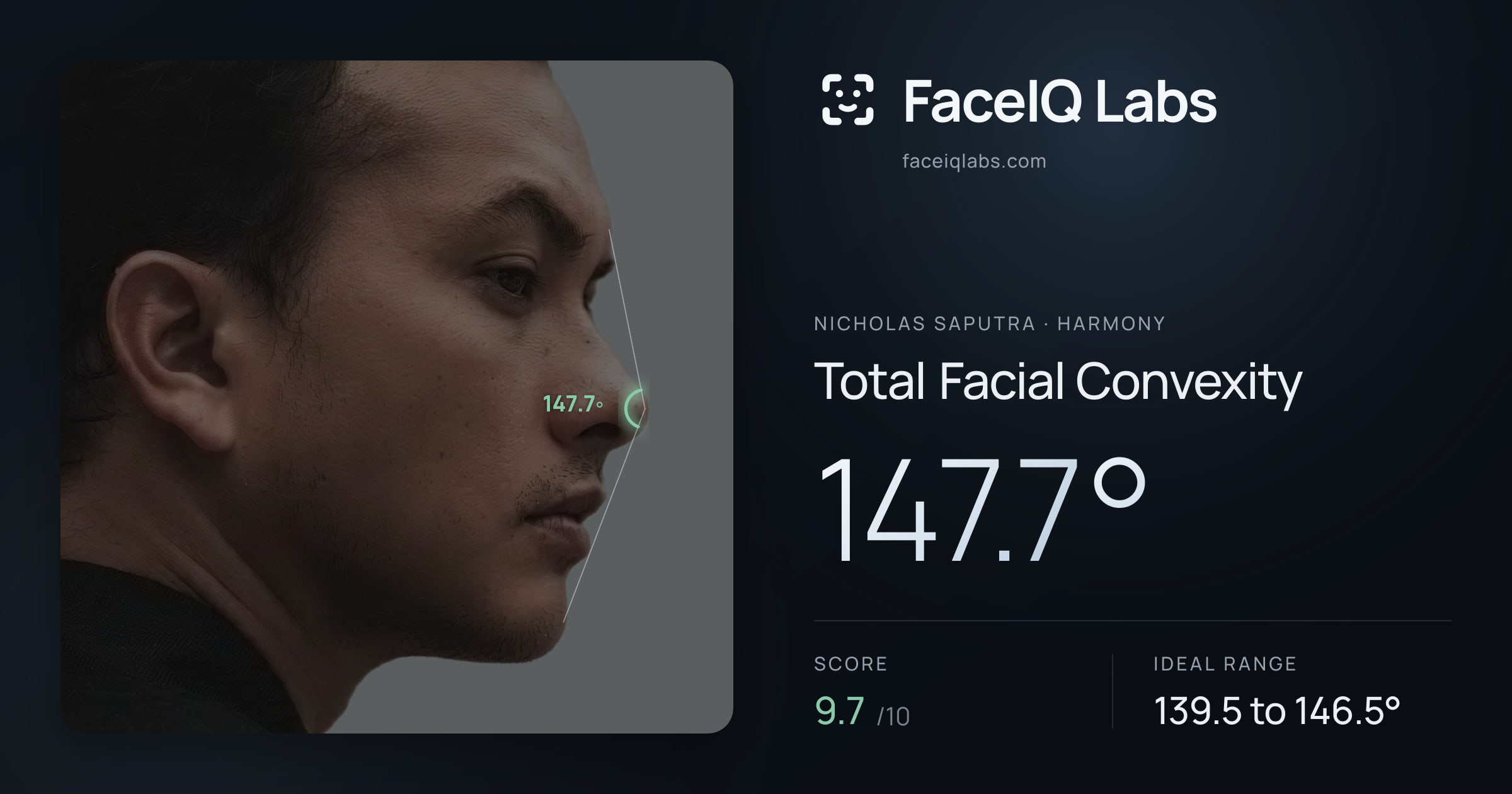 Nicholas Saputra Total Facial Convexity: 147.7°, drawn on the photo
