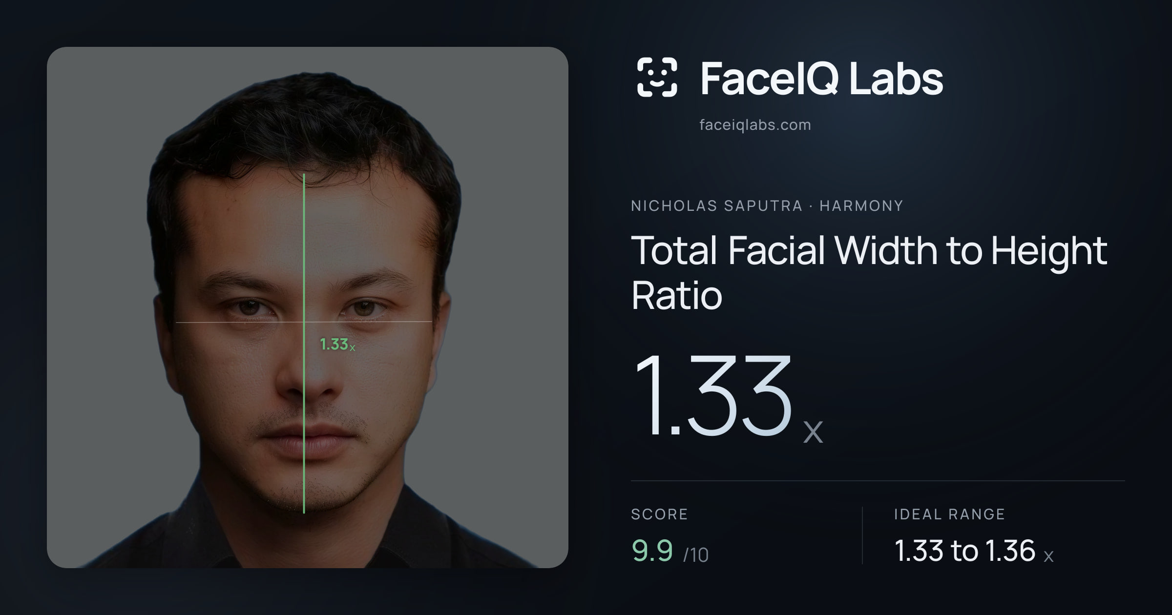 Nicholas Saputra Total Facial Width to Height Ratio: 1.33x, drawn on the photo