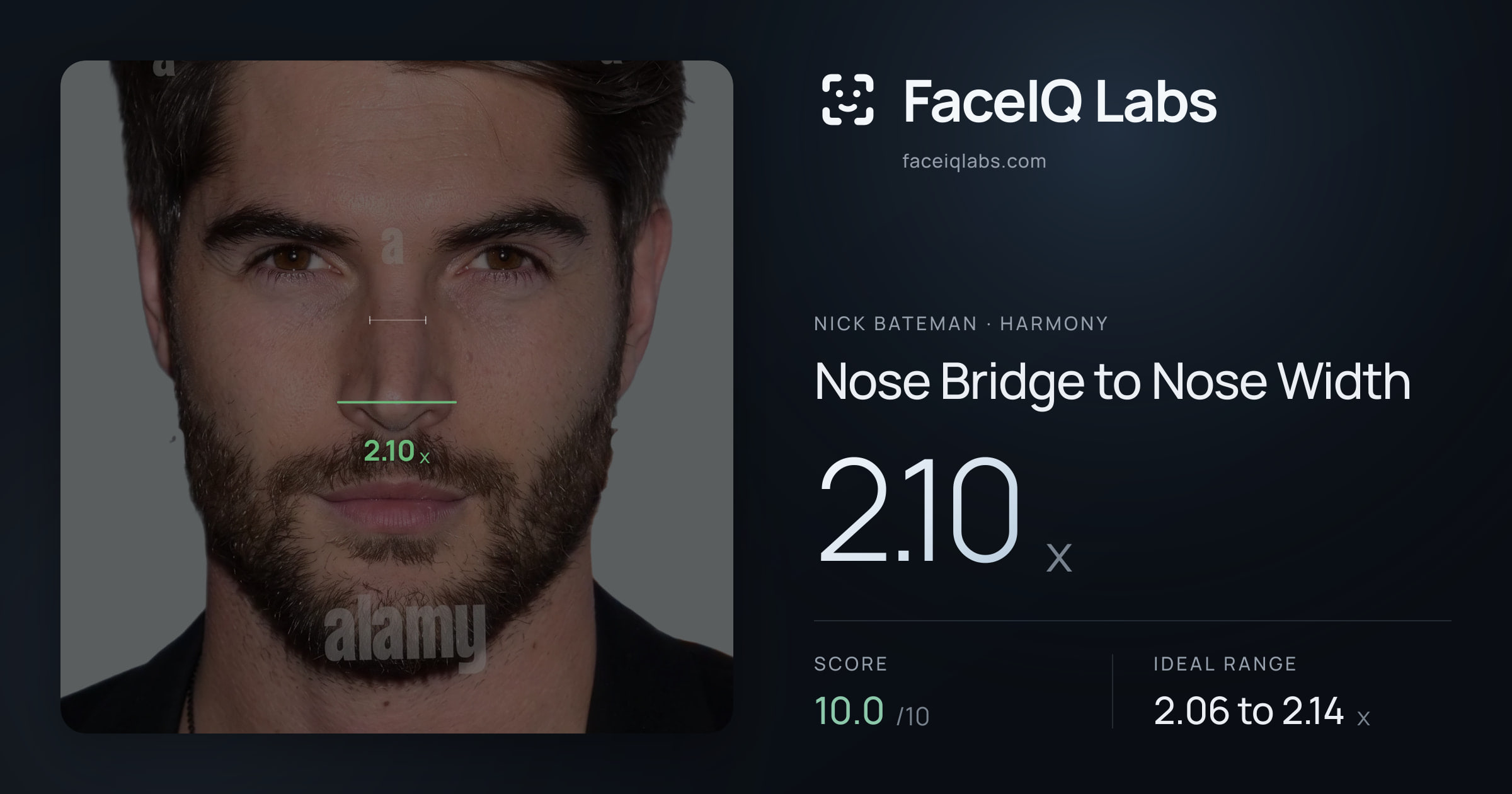 Nick Bateman Nose Bridge to Nose Width: 2.10x, drawn on the photo