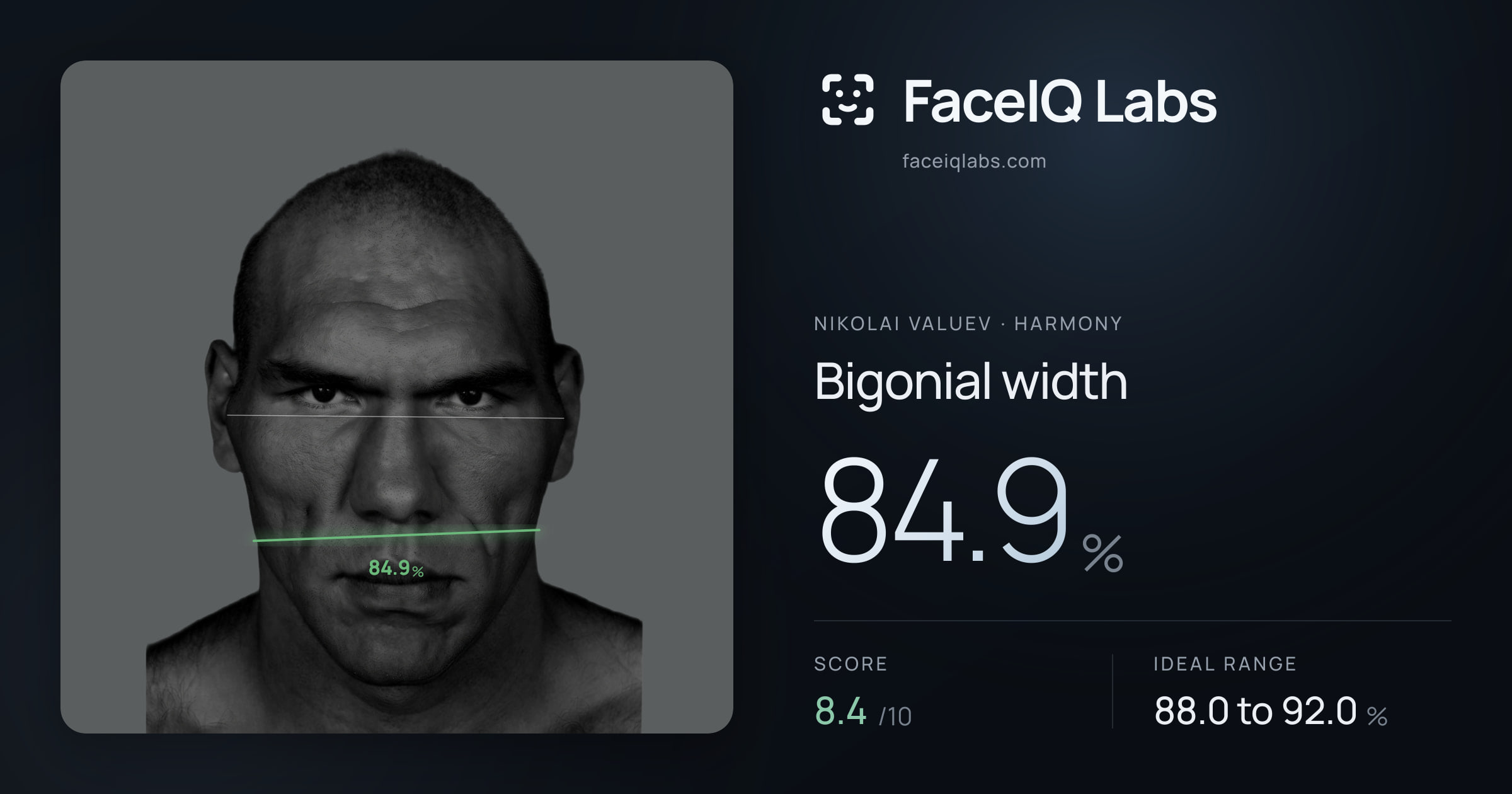 Nikolai Valuev Bigonial width: 84.9%, drawn on the photo