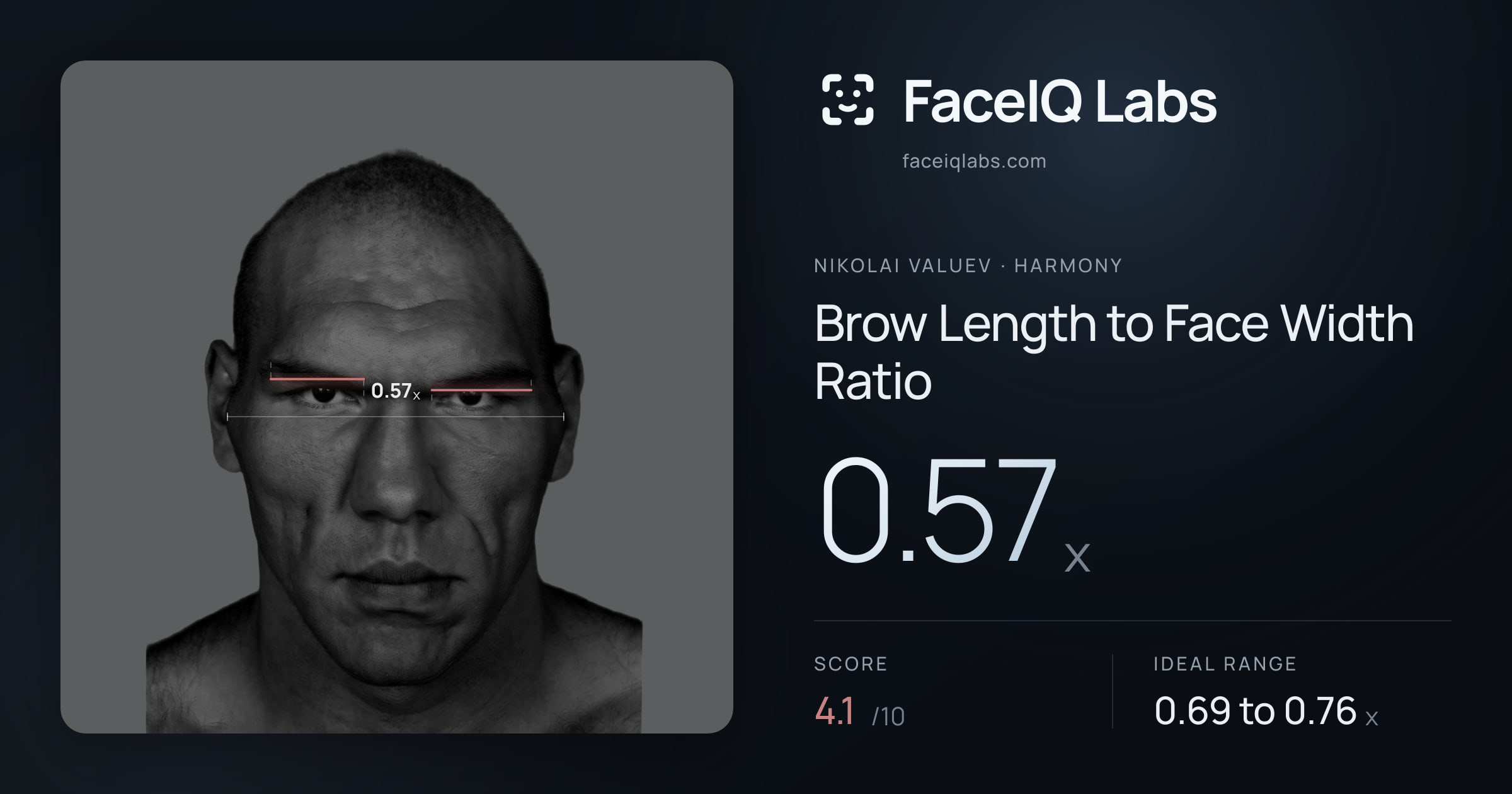 Nikolai Valuev Brow Length to Face Width Ratio: 0.57x, drawn on the photo