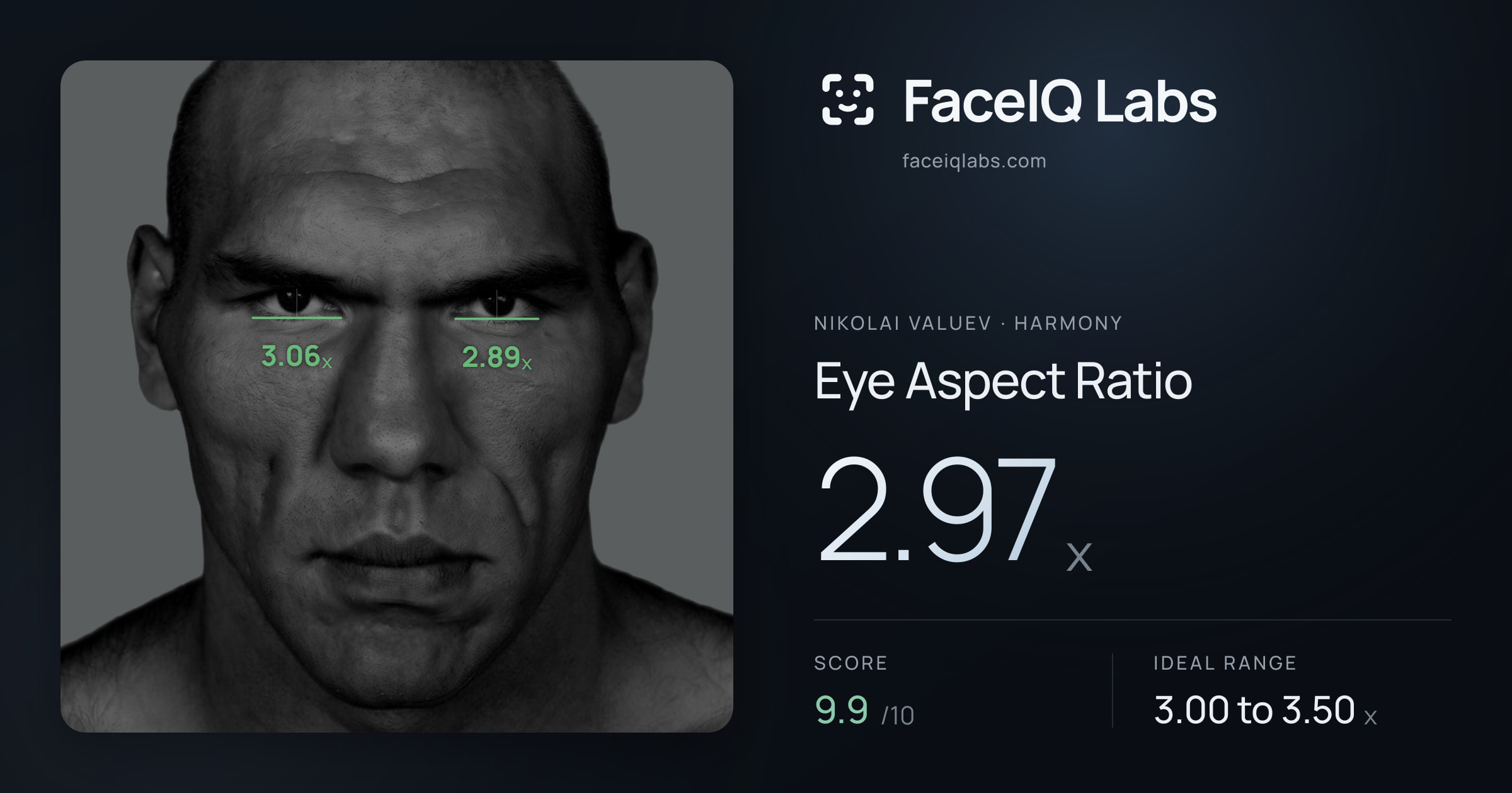 Nikolai Valuev Eye Aspect Ratio: 2.97x, drawn on the photo