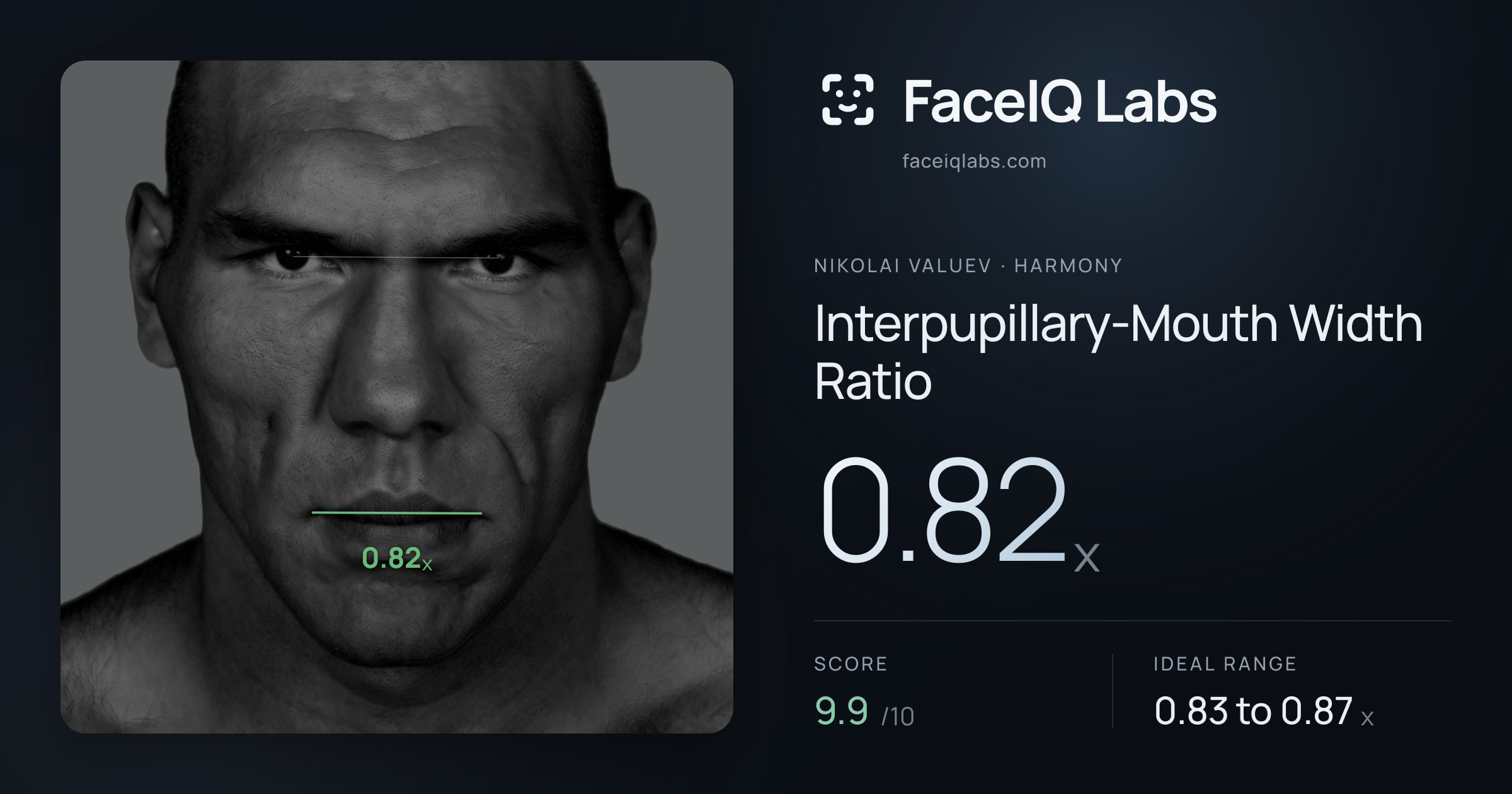 Nikolai Valuev Interpupillary-Mouth Width Ratio: 0.82x, drawn on the photo