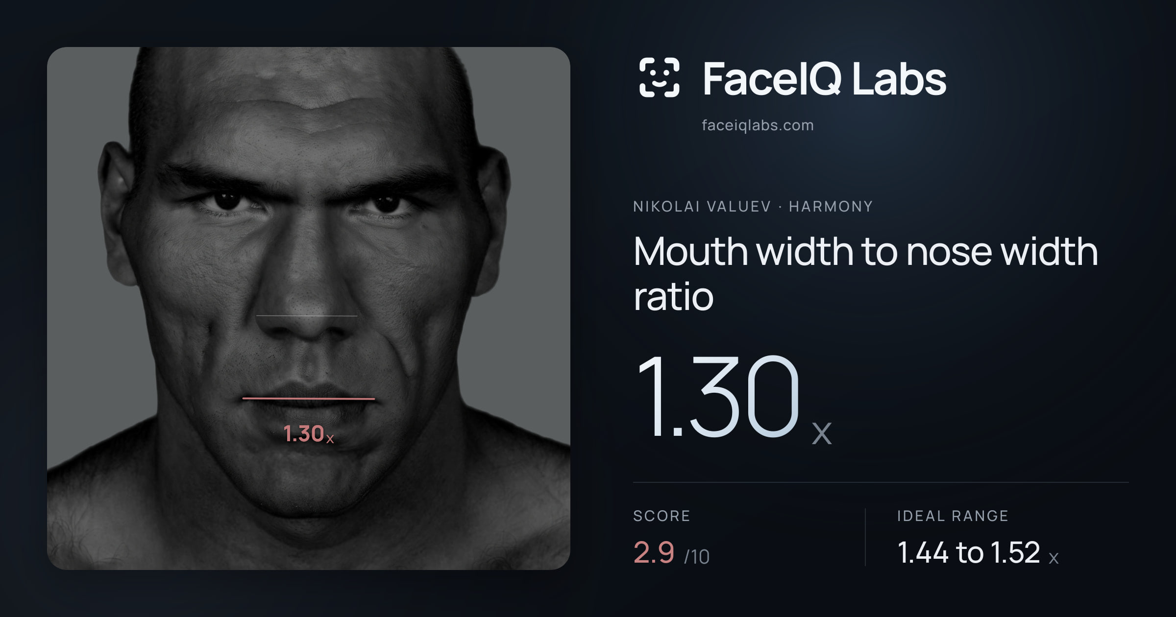 Nikolai Valuev Mouth width to nose width ratio: 1.30x, drawn on the photo