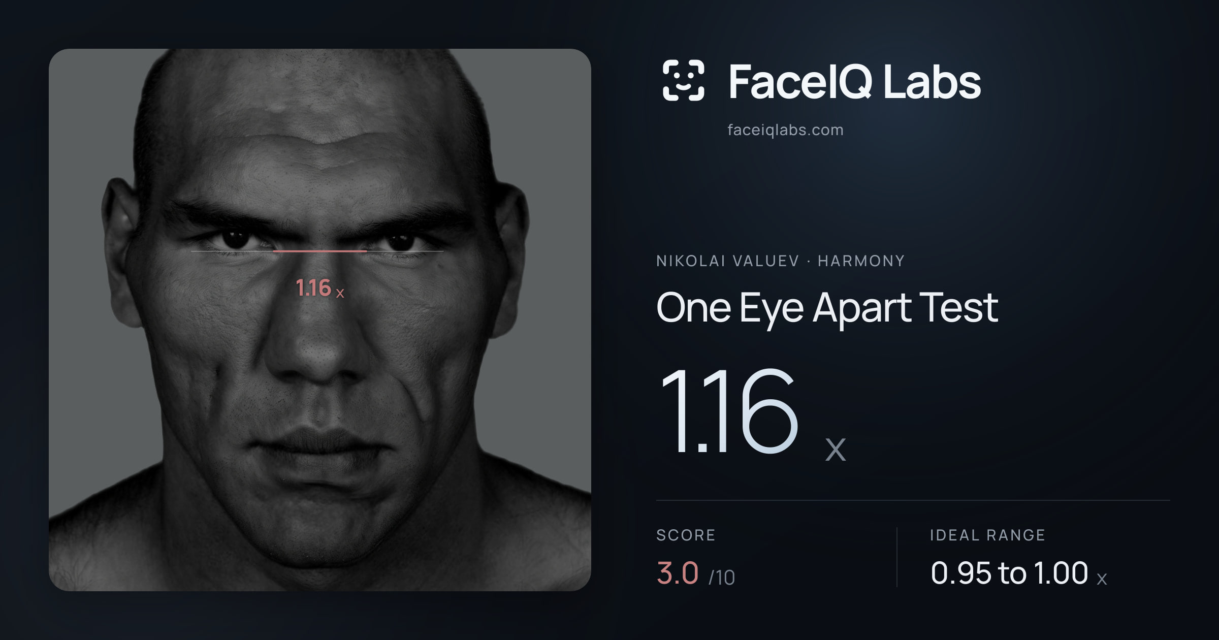 Nikolai Valuev One Eye Apart Test: 1.16x, drawn on the photo