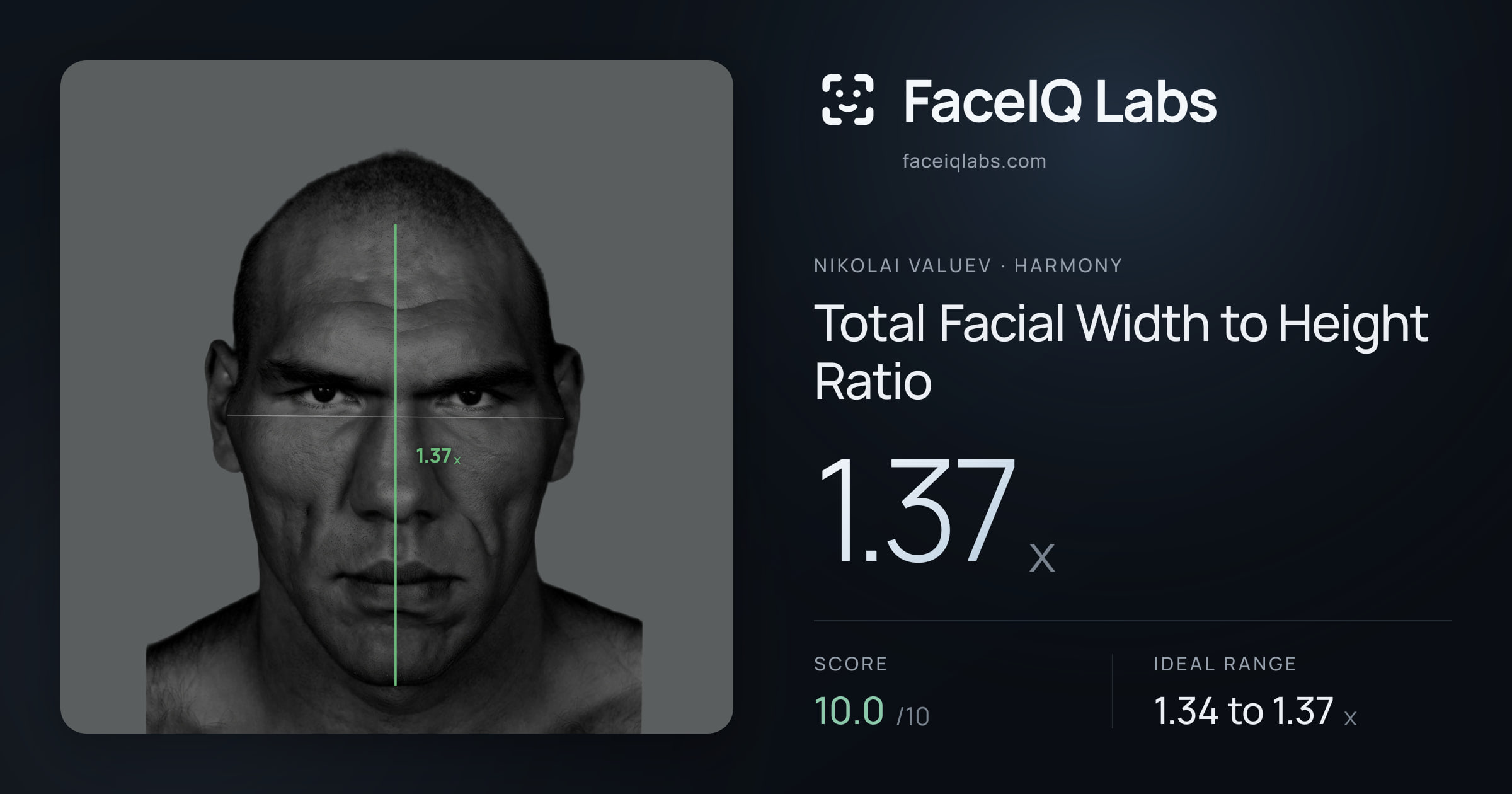 Nikolai Valuev Total Facial Width to Height Ratio: 1.37x, drawn on the photo