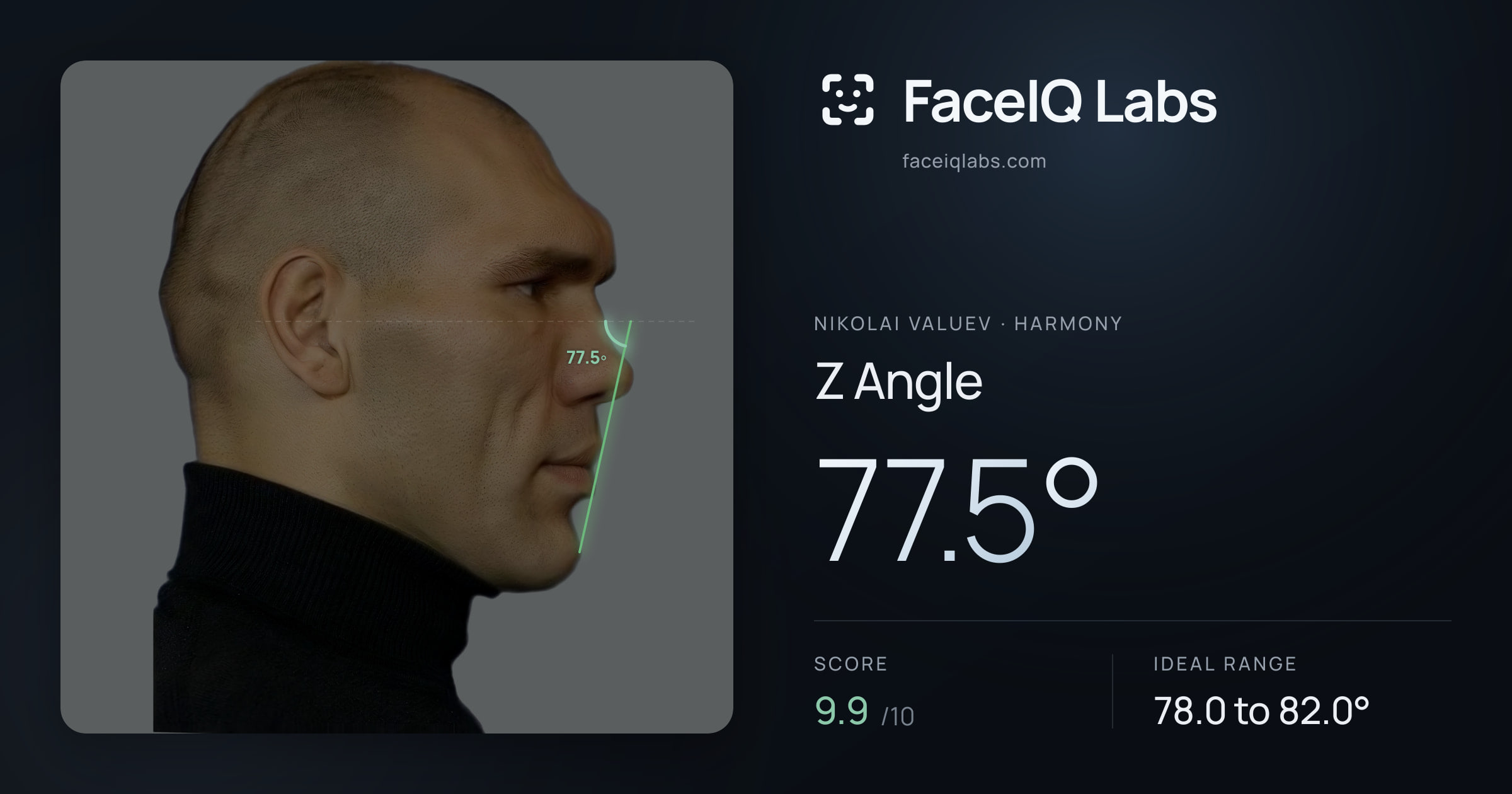 Nikolai Valuev Z Angle: 77.5°, drawn on the photo