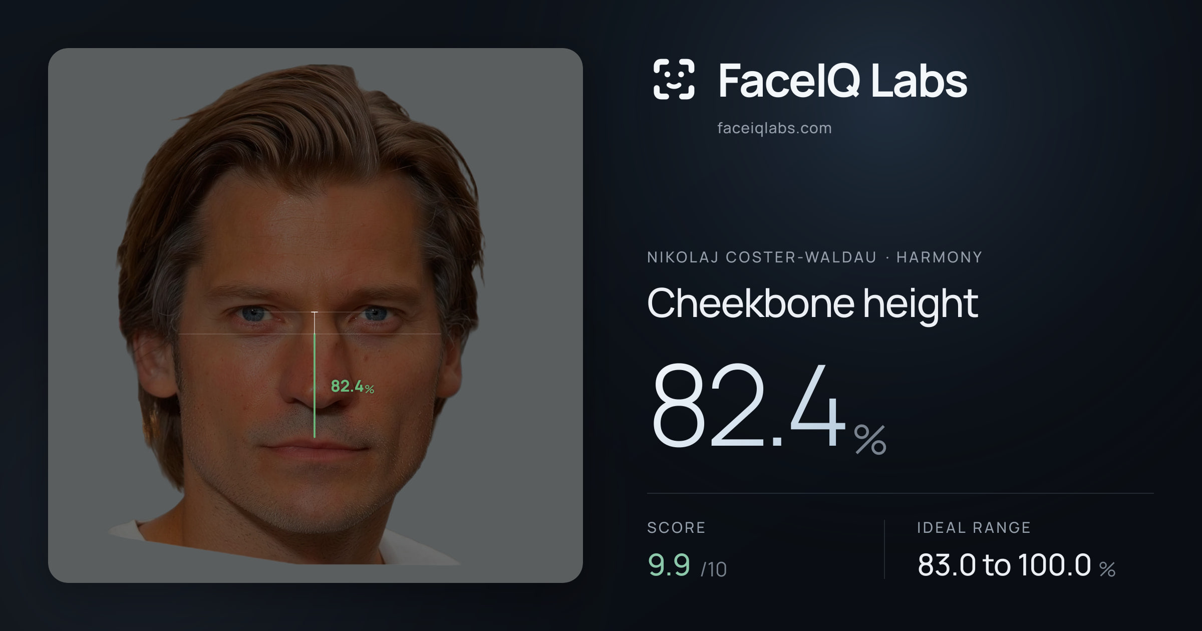 Nikolaj Coster-Waldau Cheekbone height: 82.4%, drawn on the photo