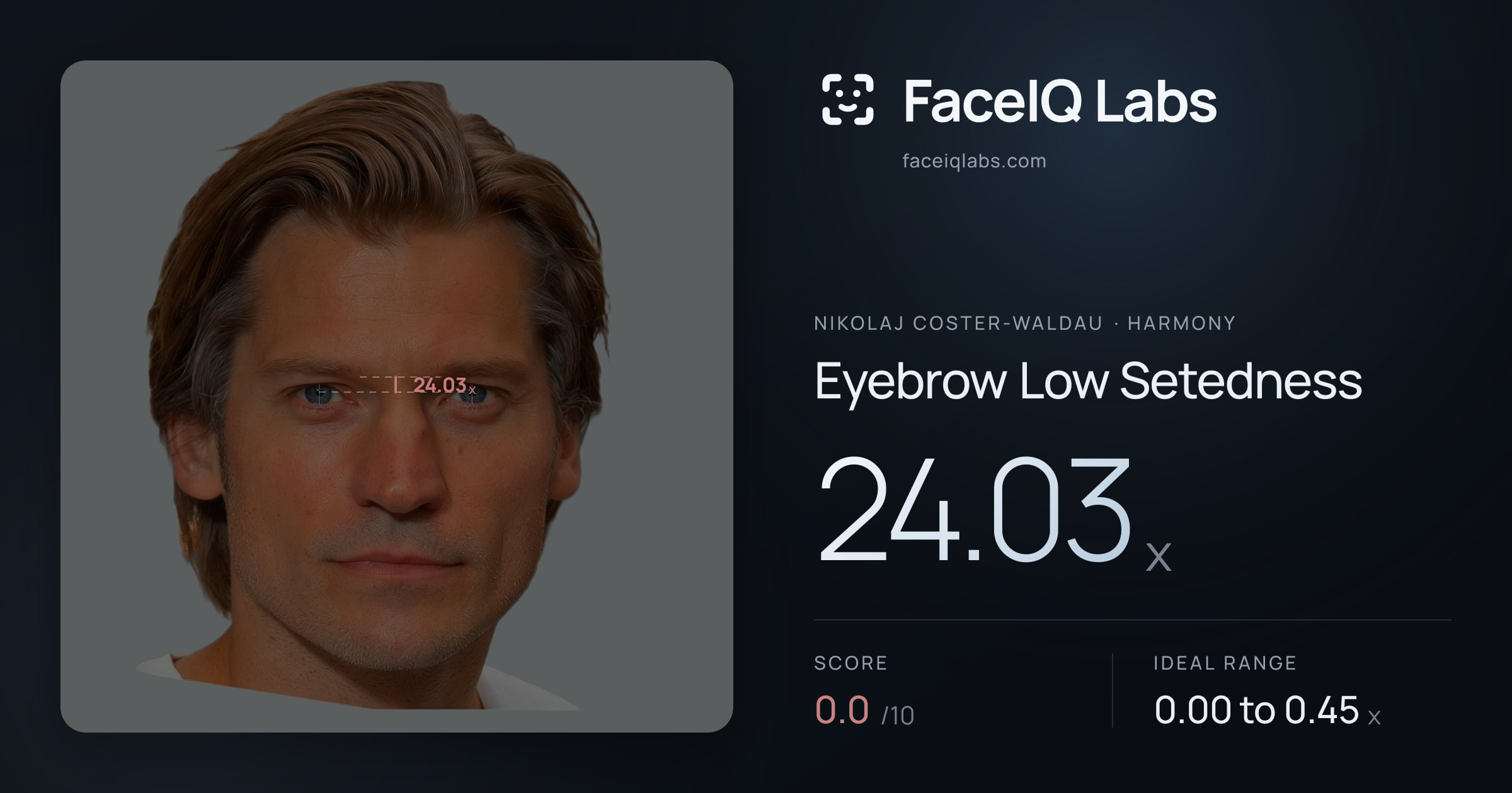 Nikolaj Coster-Waldau Eyebrow Low Setedness: 24.03x, drawn on the photo