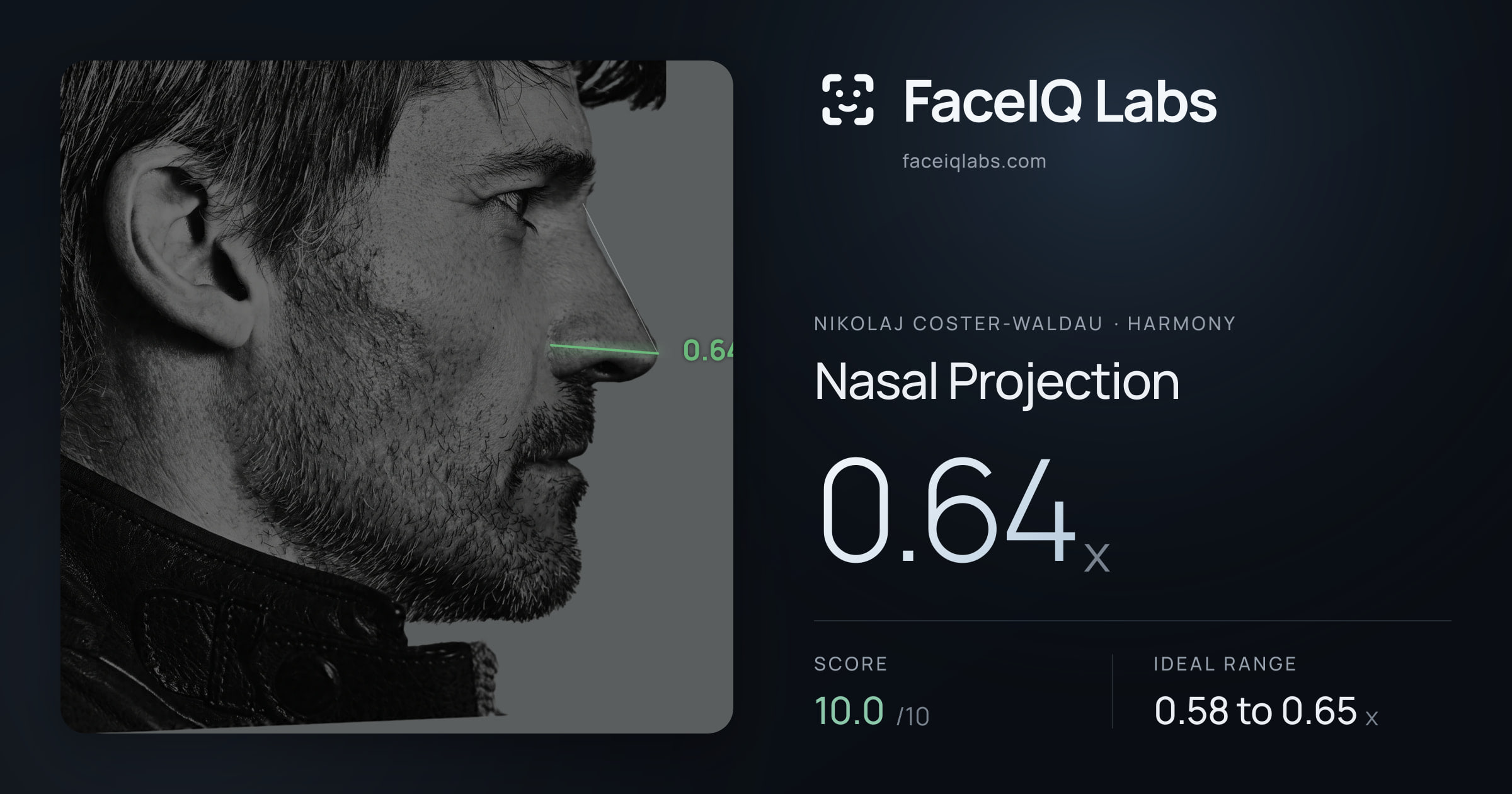 Nikolaj Coster-Waldau Nasal Projection: 0.64x, drawn on the photo