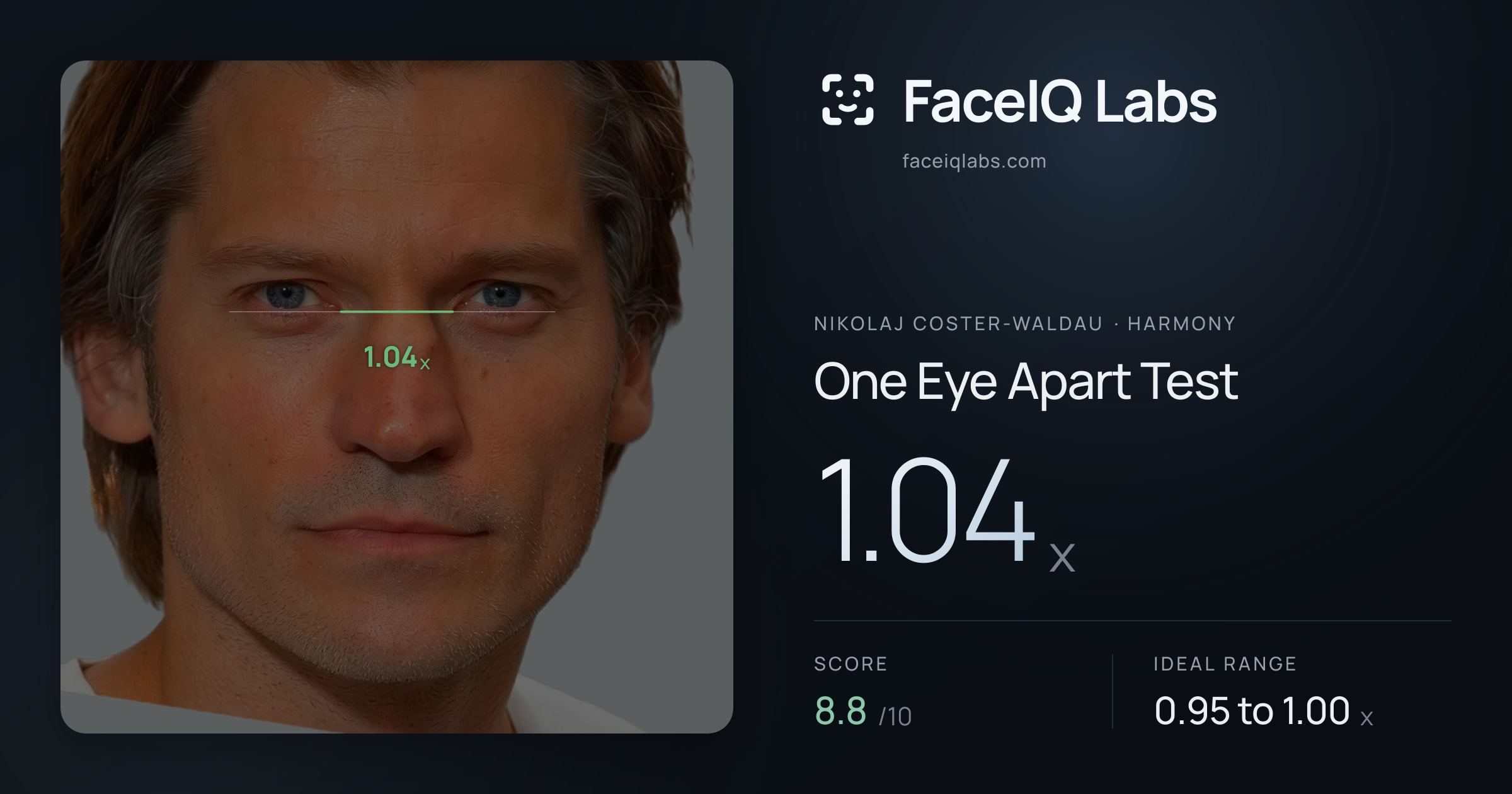 Nikolaj Coster-Waldau One Eye Apart Test: 1.04x, drawn on the photo