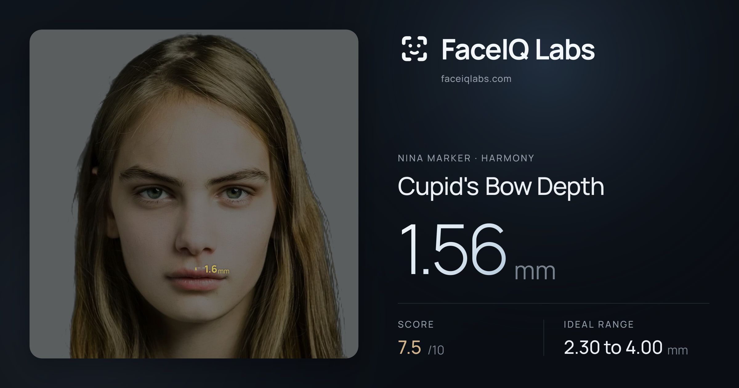 Nina Marker Cupid's Bow Depth: 1.56mm, drawn on the photo
