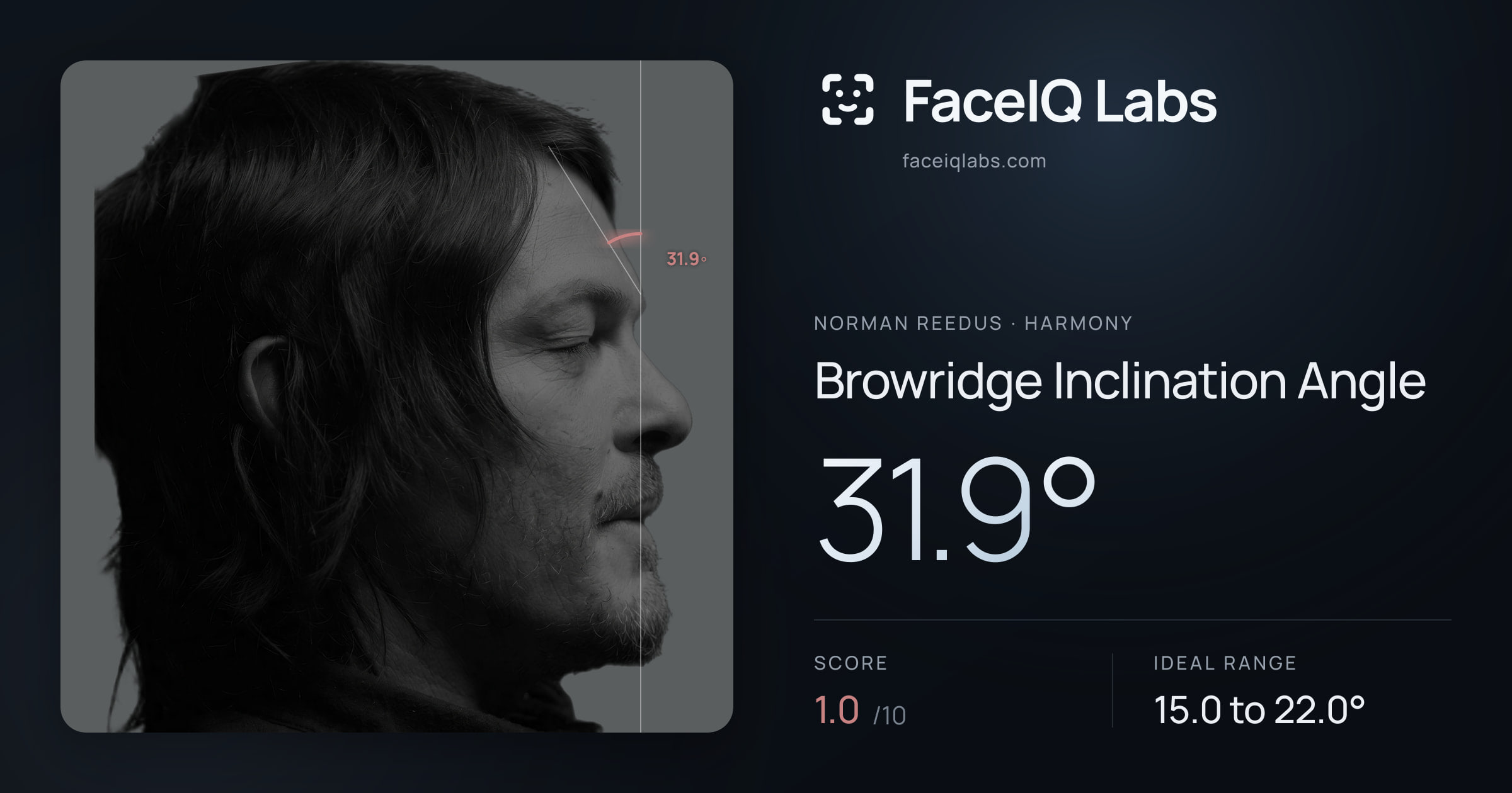 Norman Reedus Browridge Inclination Angle: 31.9°, drawn on the photo