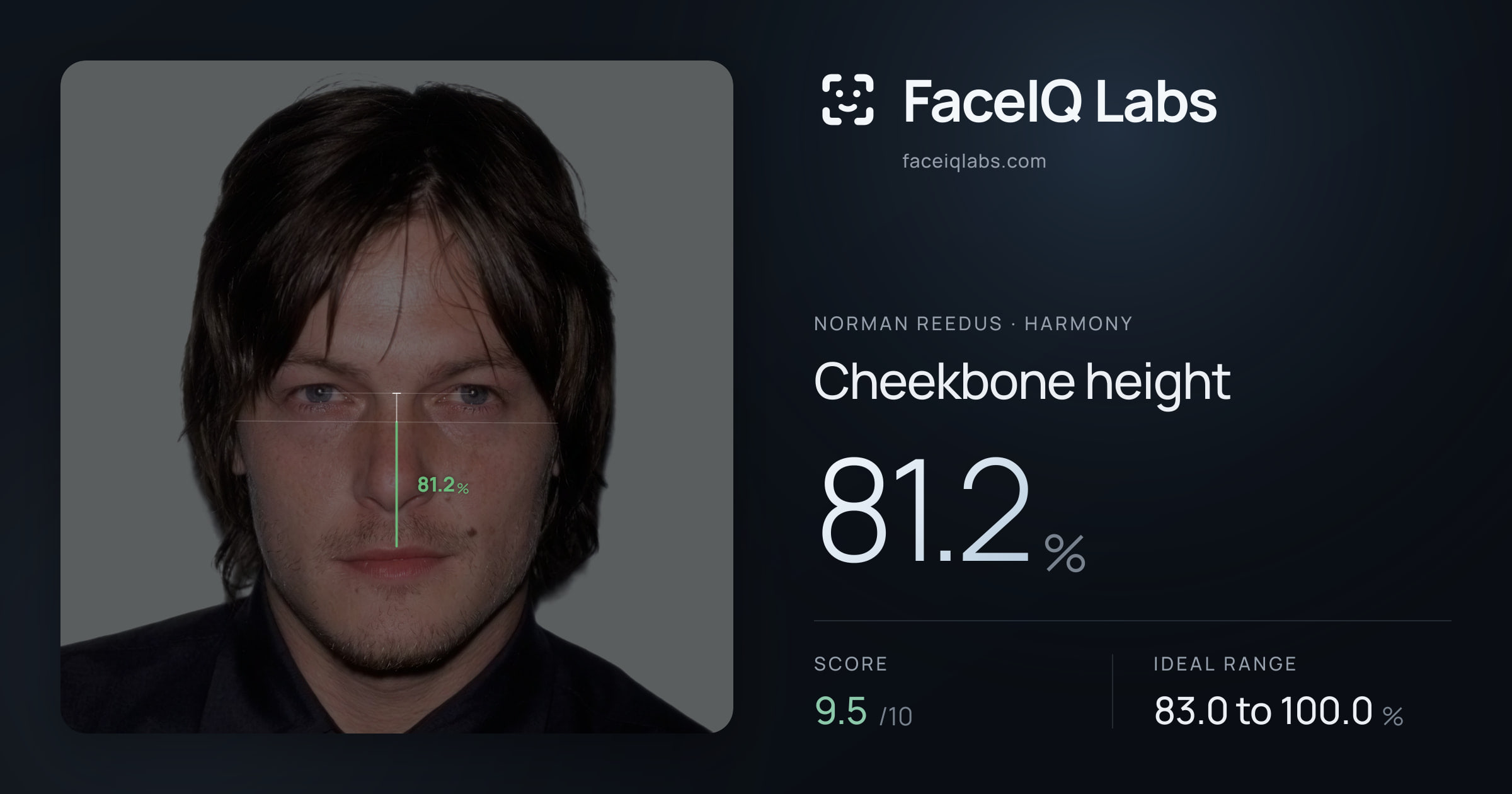 Norman Reedus Cheekbone height: 81.2%, drawn on the photo