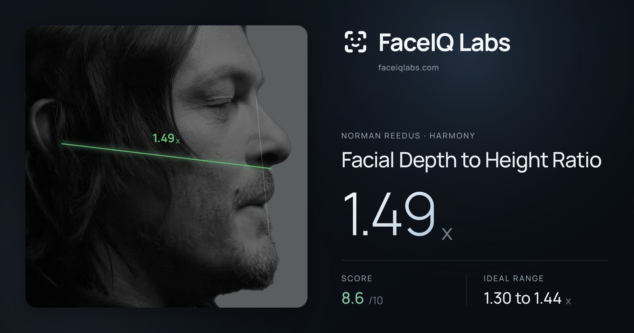 Norman Reedus Facial Depth to Height Ratio: 1.49x, drawn on the photo