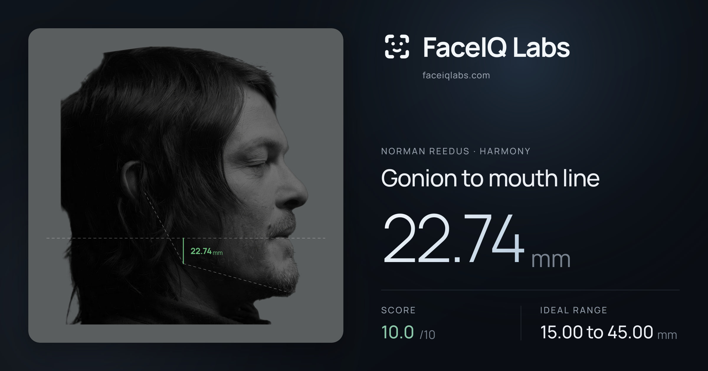 Norman Reedus Gonion to mouth line: 22.74mm, drawn on the photo