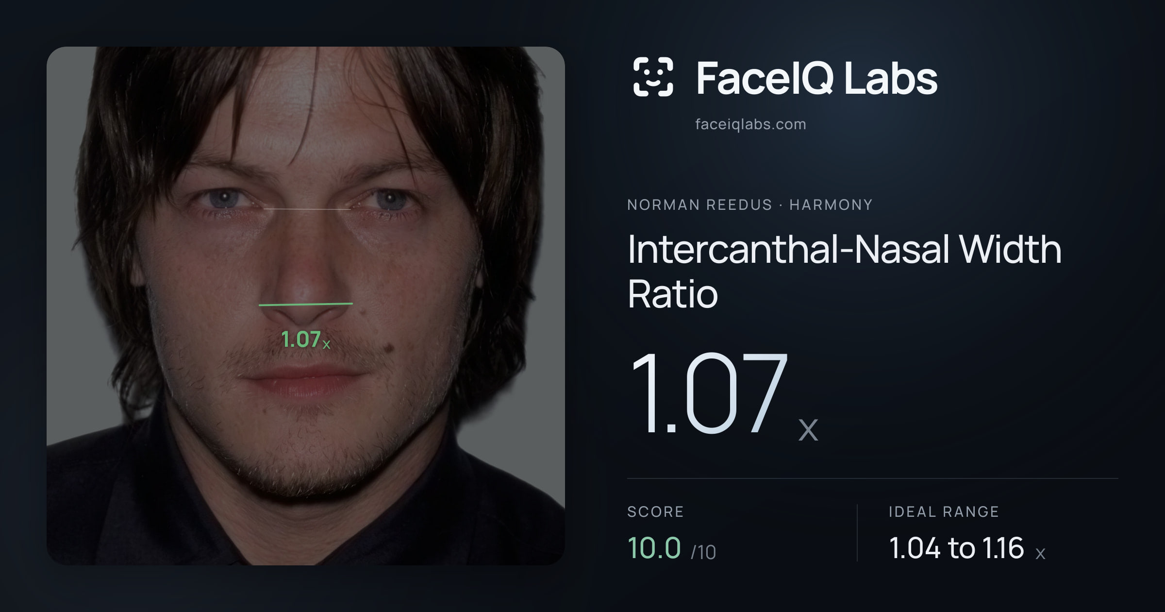 Norman Reedus Intercanthal-Nasal Width Ratio: 1.07x, drawn on the photo