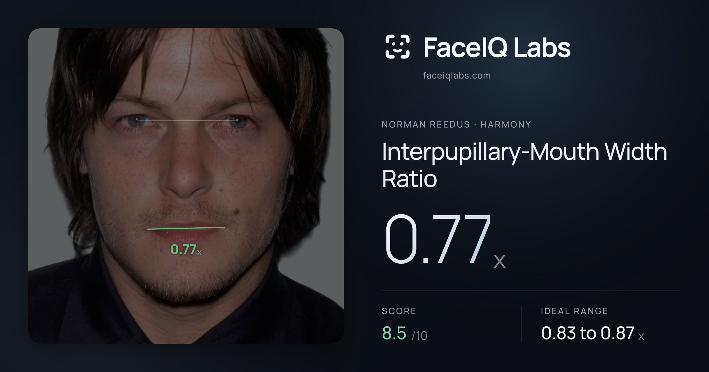 Norman Reedus Interpupillary-Mouth Width Ratio: 0.77x, drawn on the photo