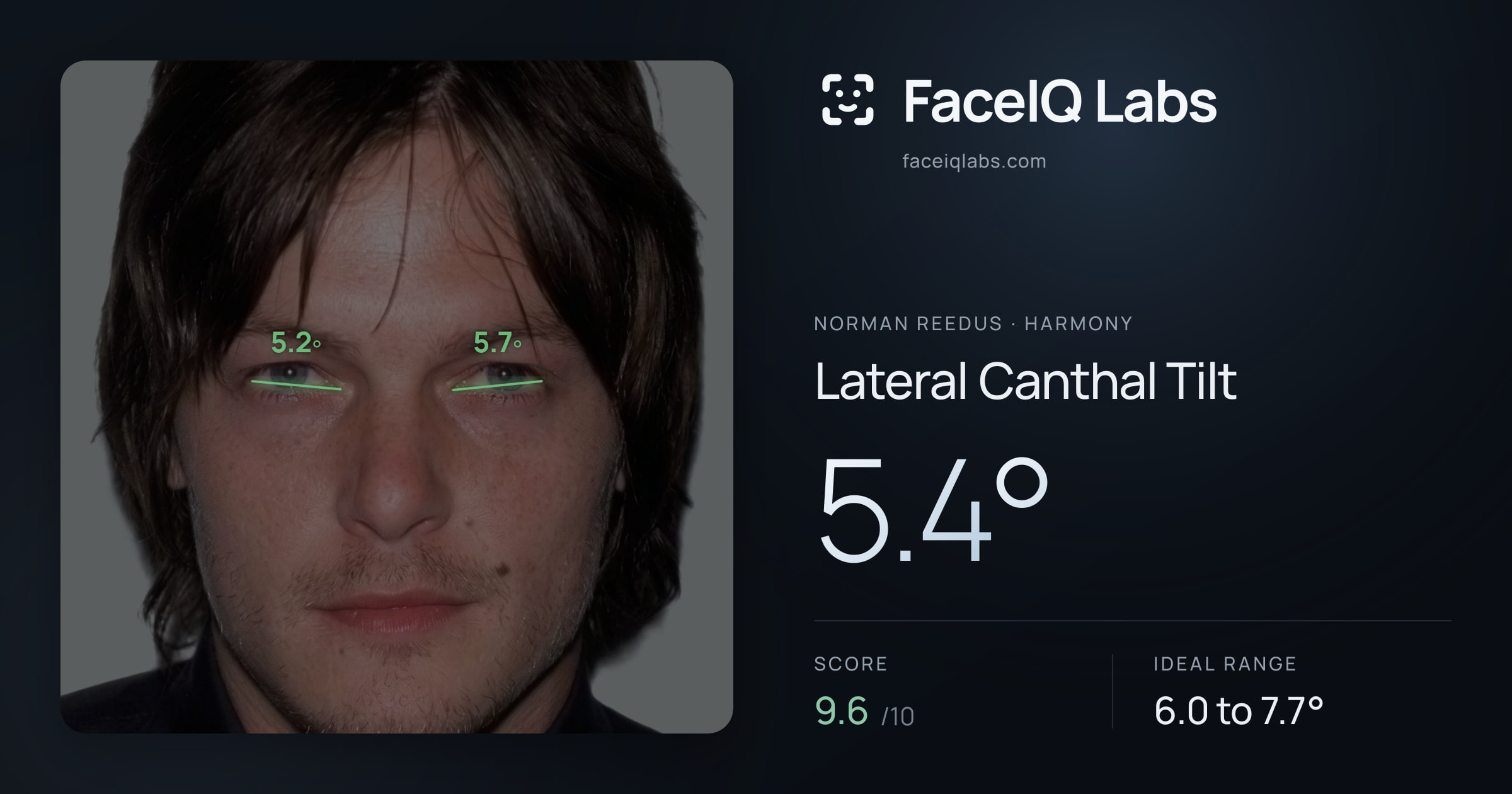 Norman Reedus Lateral Canthal Tilt: 5.4°, drawn on the photo