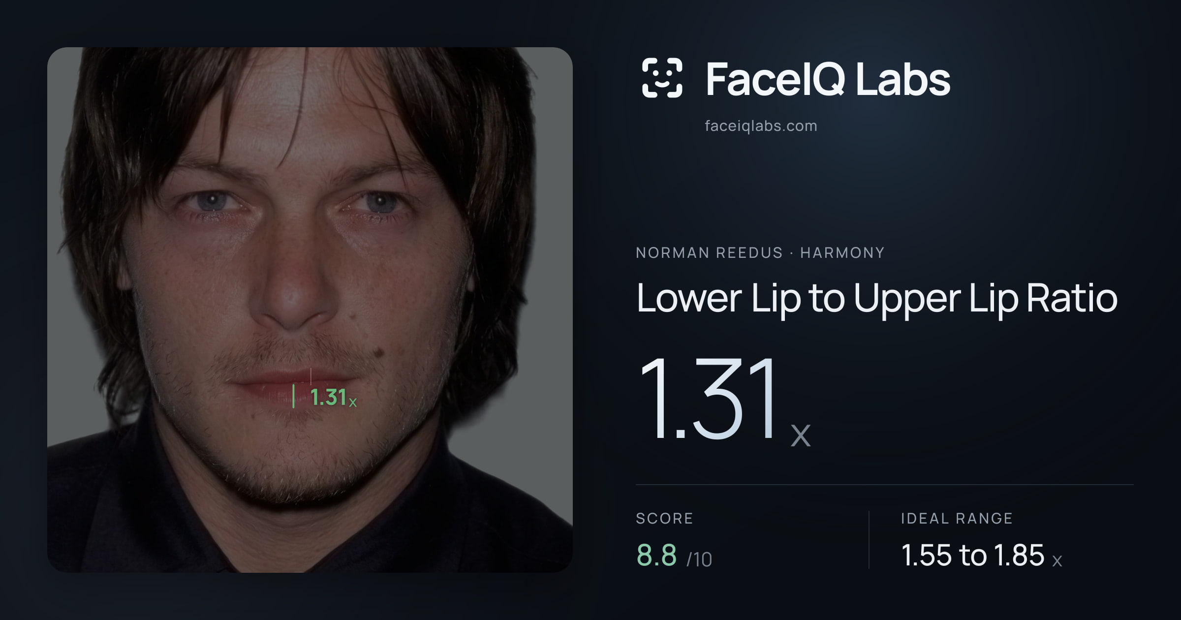 Norman Reedus Lower Lip to Upper Lip Ratio: 1.31x, drawn on the photo