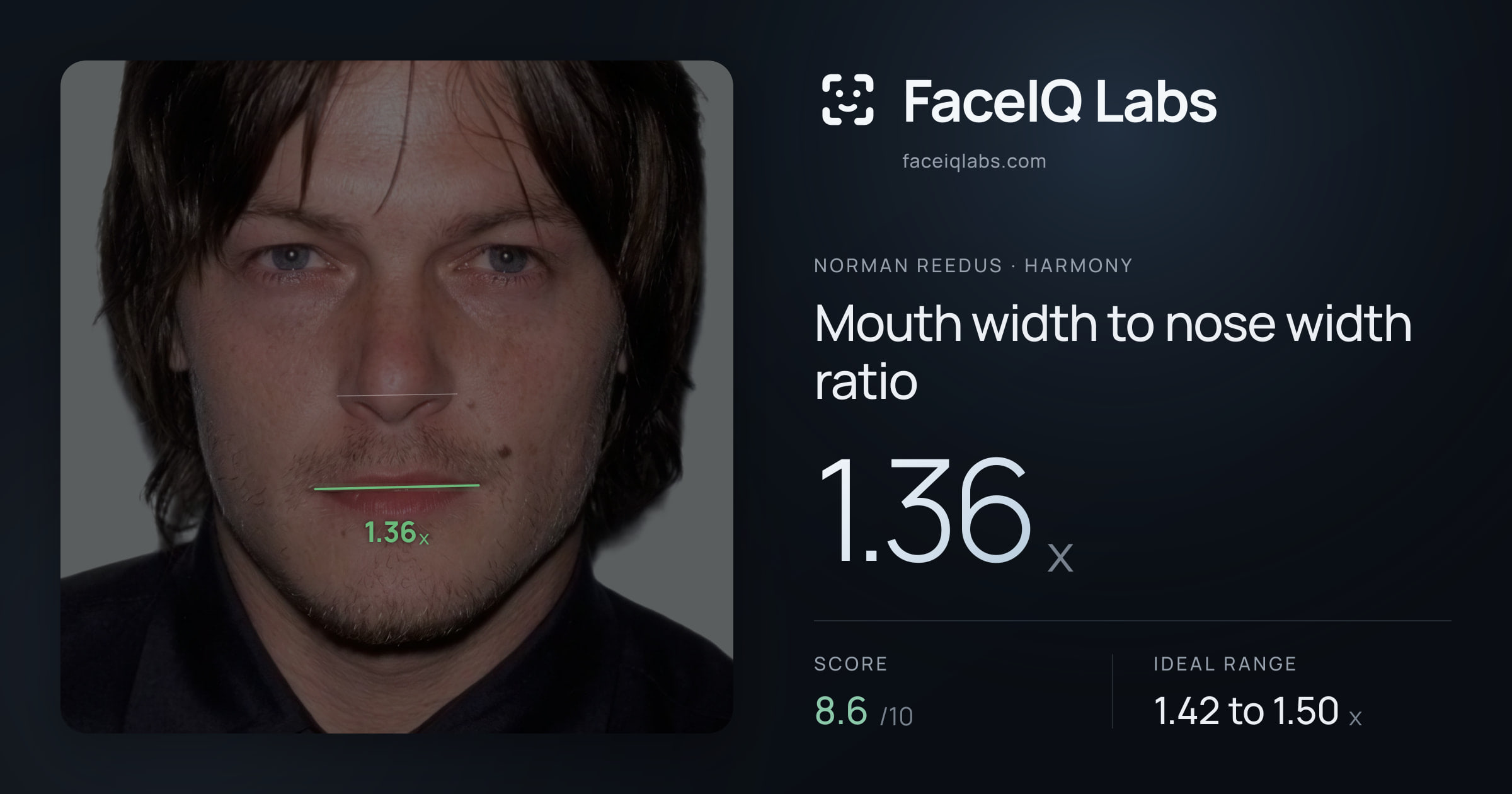 Norman Reedus Mouth width to nose width ratio: 1.36x, drawn on the photo