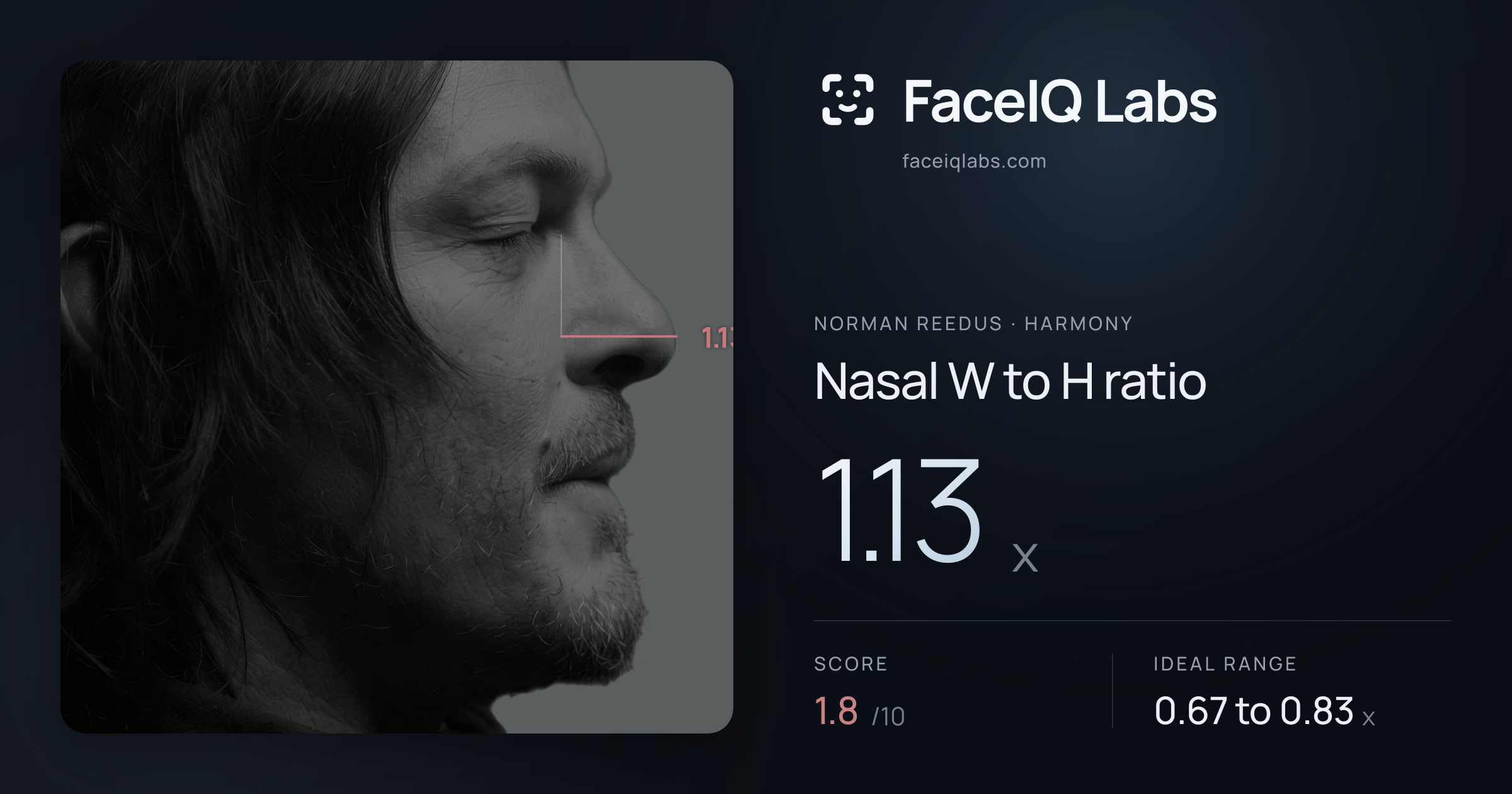 Norman Reedus Nasal W to H ratio: 1.13x, drawn on the photo