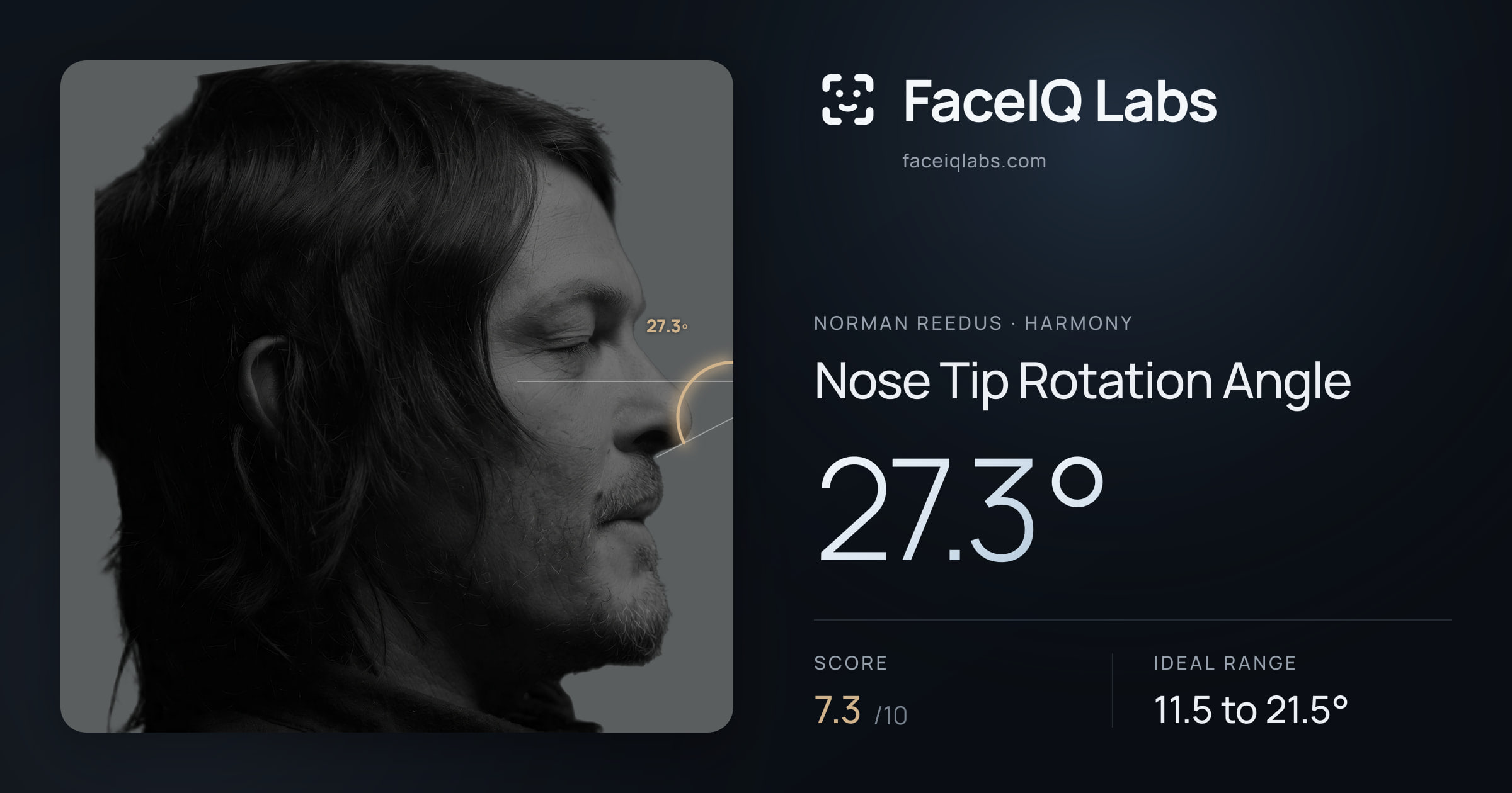 Norman Reedus Nose Tip Rotation Angle: 27.3°, drawn on the photo