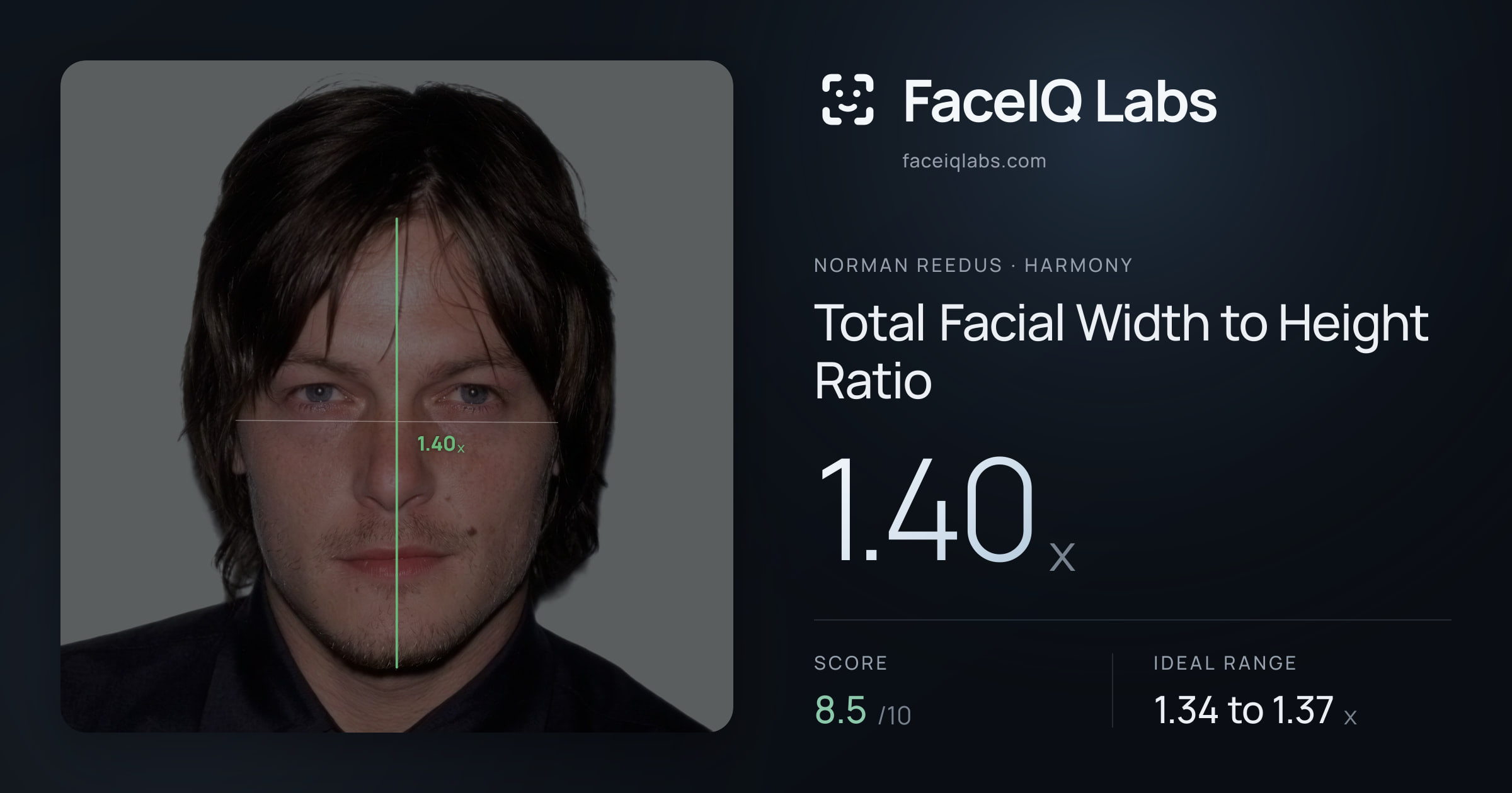 Norman Reedus Total Facial Width to Height Ratio: 1.40x, drawn on the photo