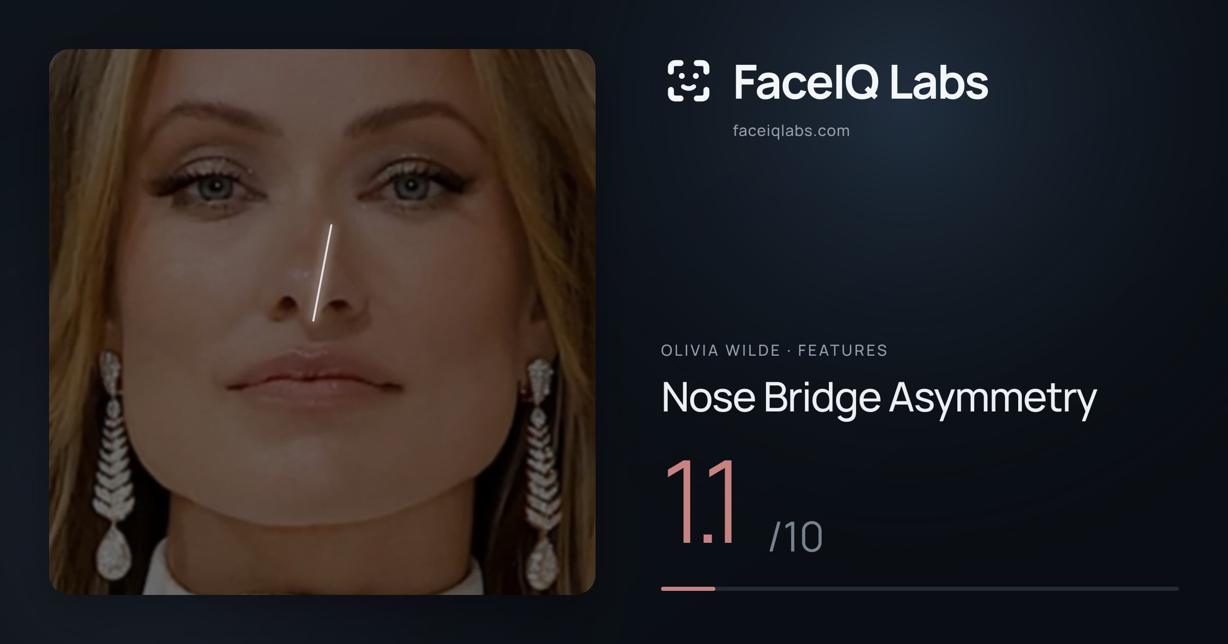 Olivia Wilde Nose Bridge Asymmetry: 1.1/10, drawn on the photo