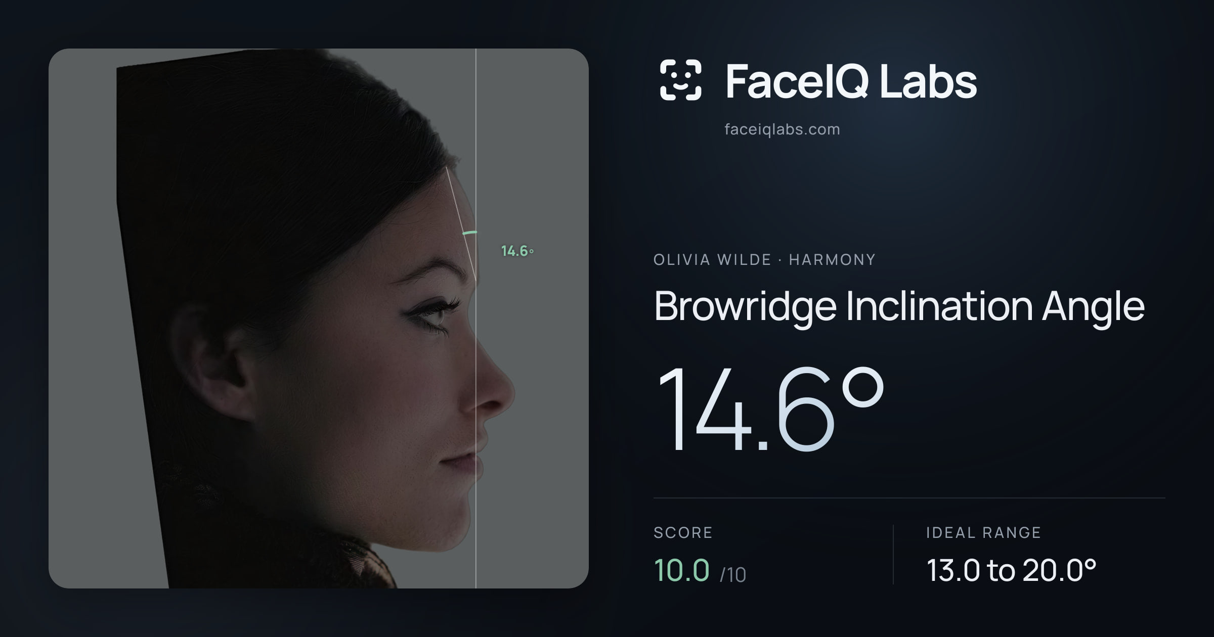 Olivia Wilde Browridge Inclination Angle: 14.6°, drawn on the photo
