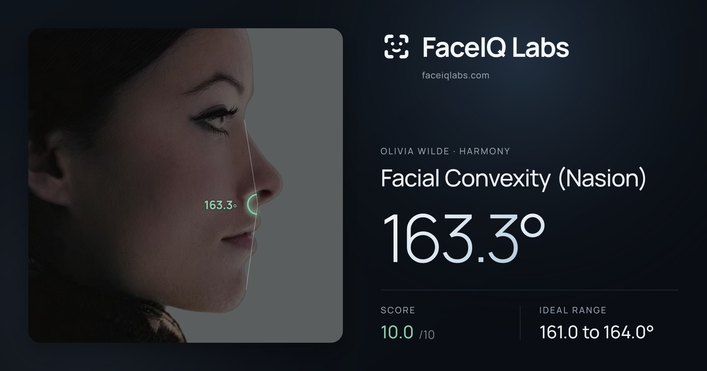 Olivia Wilde Facial Convexity (Nasion): 163.3°, drawn on the photo