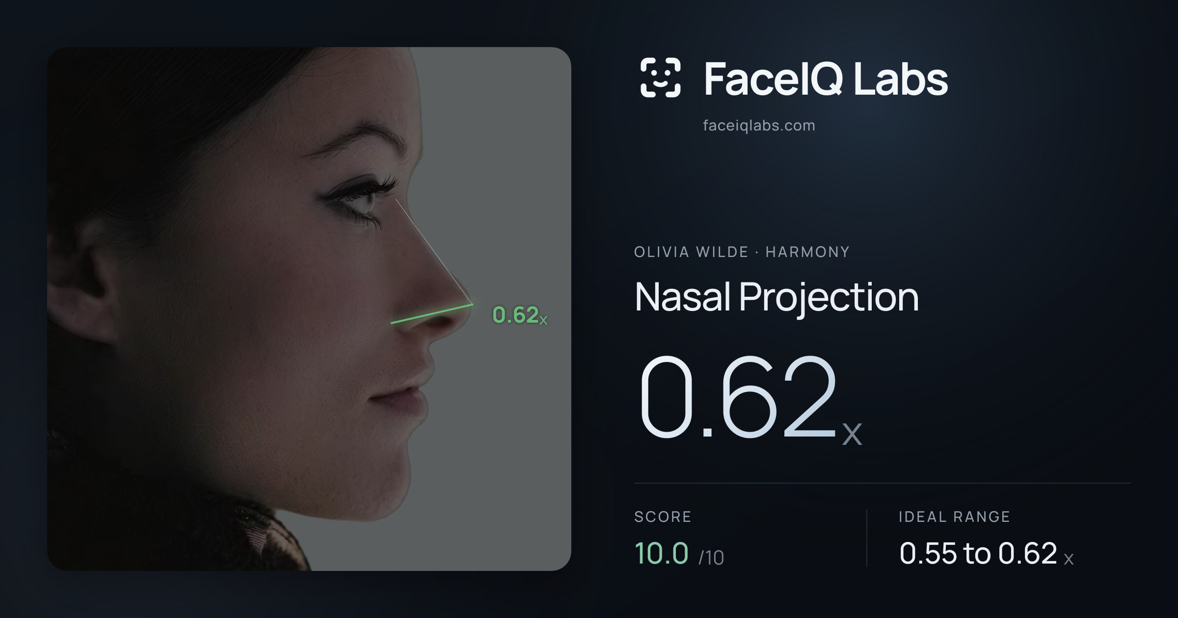 Olivia Wilde Nasal Projection: 0.62x, drawn on the photo