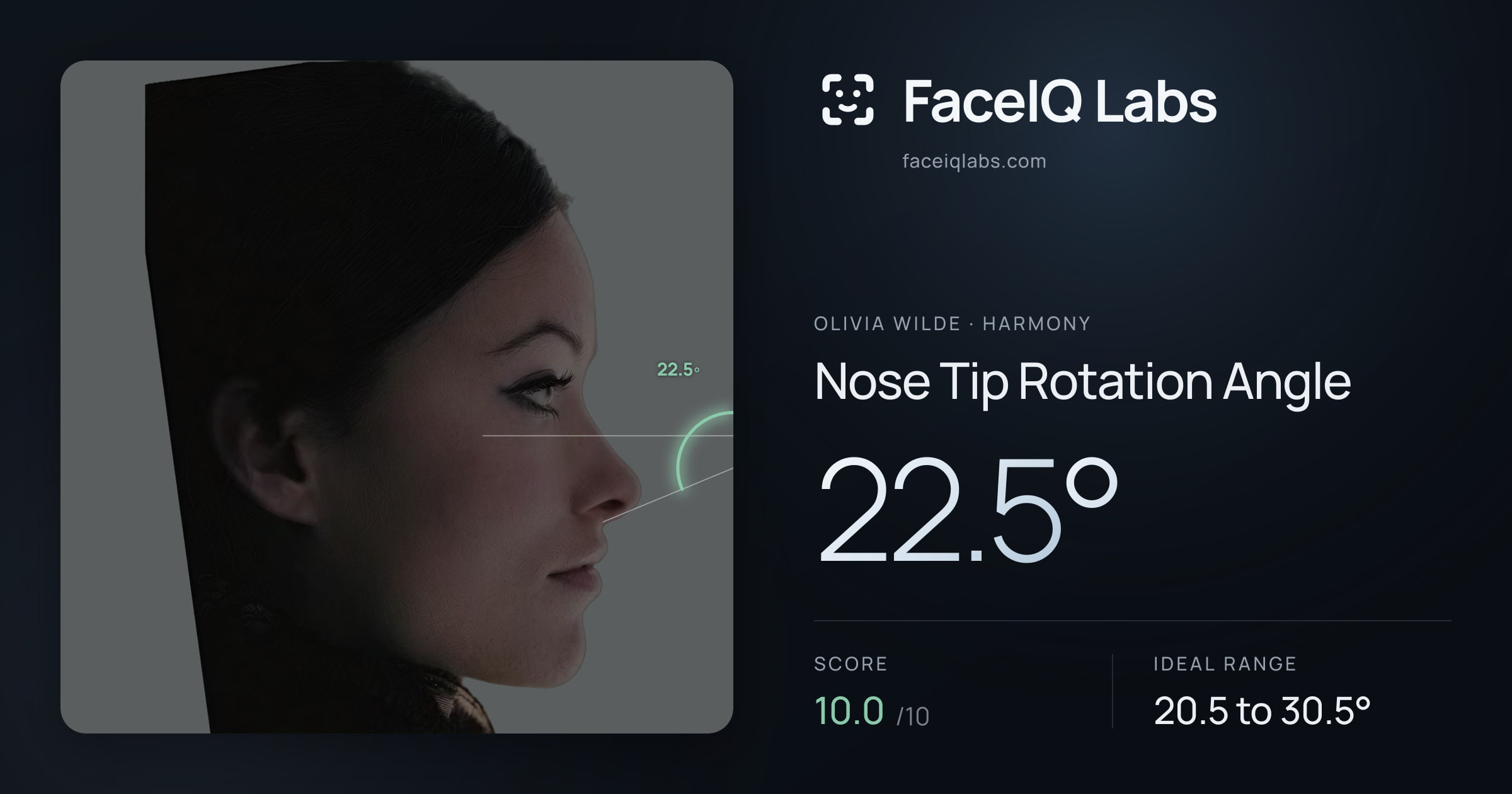 Olivia Wilde Nose Tip Rotation Angle: 22.5°, drawn on the photo