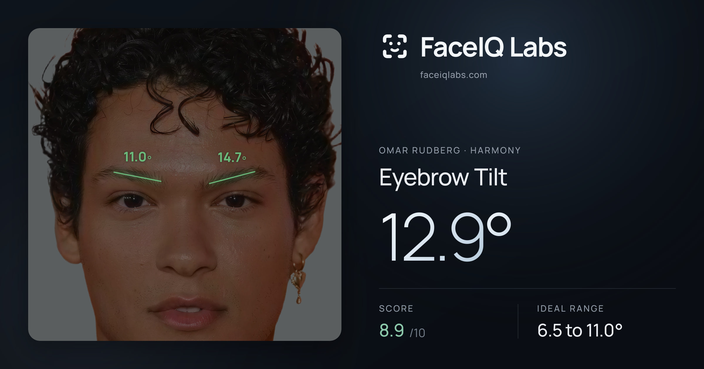 Omar Rudberg Eyebrow Tilt: 12.9°, drawn on the photo