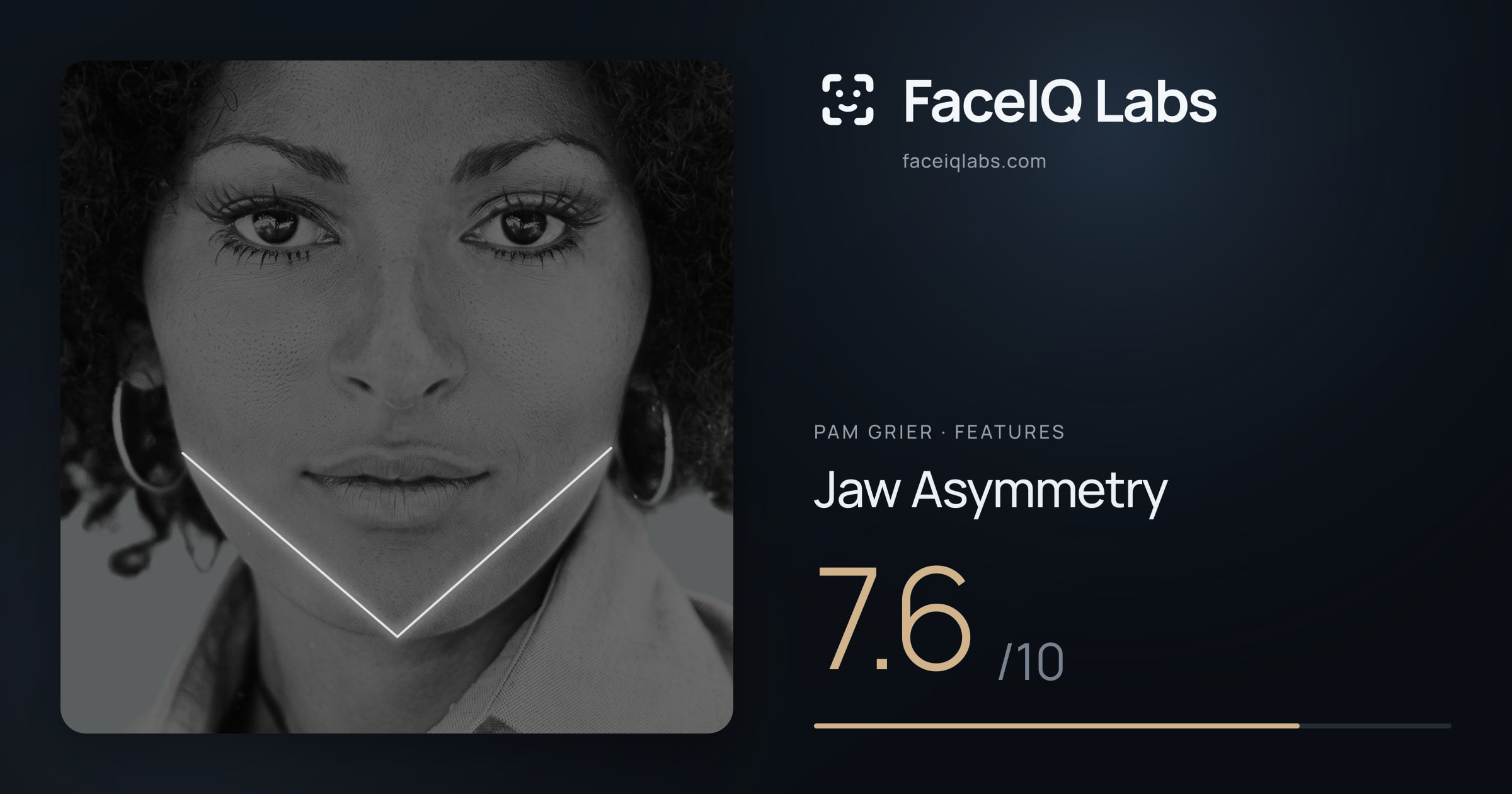 Pam Grier Jaw Asymmetry: 7.6/10, drawn on the photo