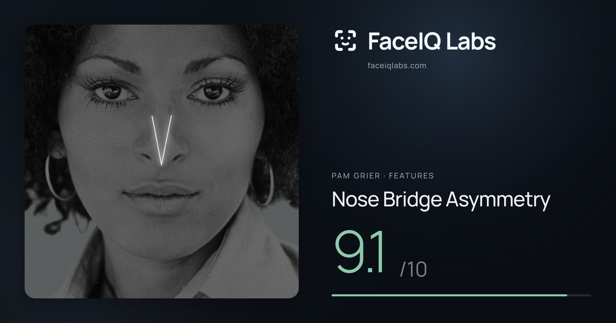 Pam Grier Nose Bridge Asymmetry: 9.1/10, drawn on the photo