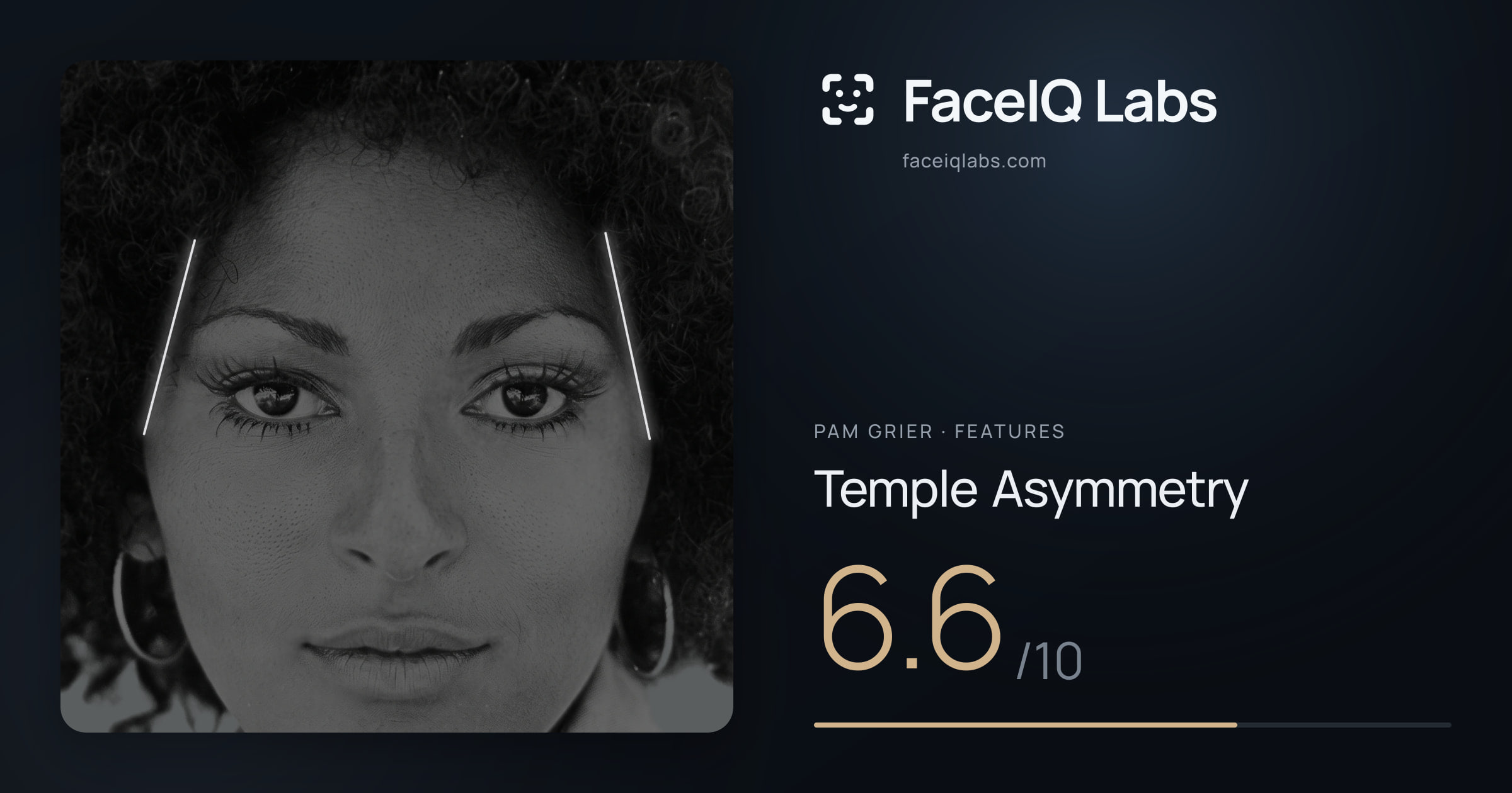 Pam Grier Temple Asymmetry: 6.6/10, drawn on the photo